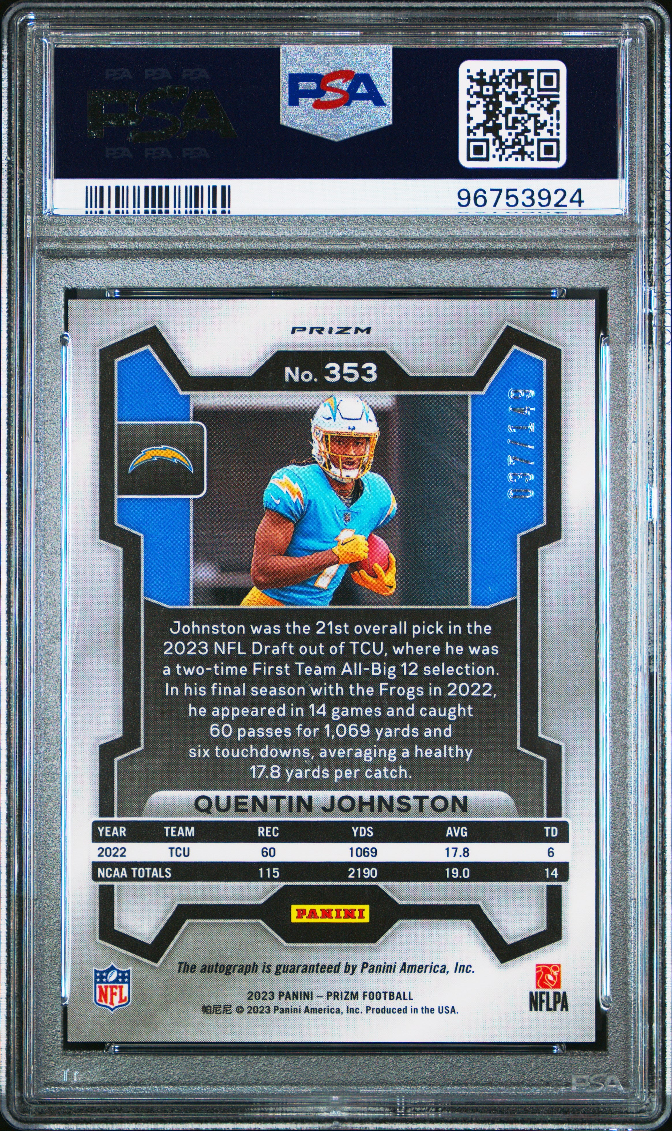 2023 Panini Prizm Quentin Johnston Autograph Red Wave #353 PSA 10 - Rare Football Trading Card for Collectors & Investors - Perfect for Sports Memorabilia Displays & Investment Portfolios