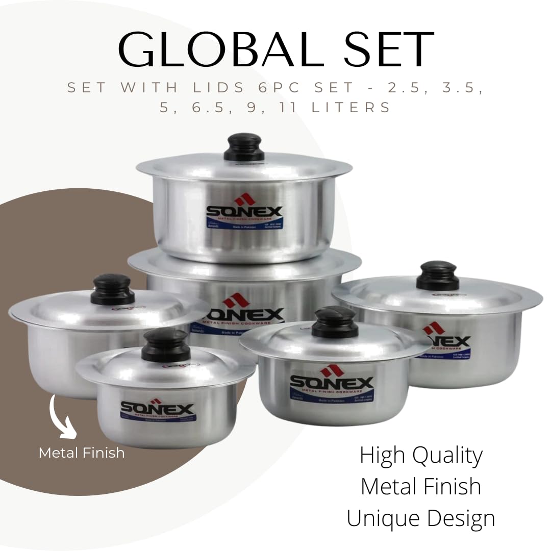 Premium 6-Piece Aluminum Cookware Set with Lids (2.5L-11L) - Durable Non-Stick Cooking Pots for Home Kitchen, Camping & Outdoor Use - Sonex Metal Finish Global Pot Collection