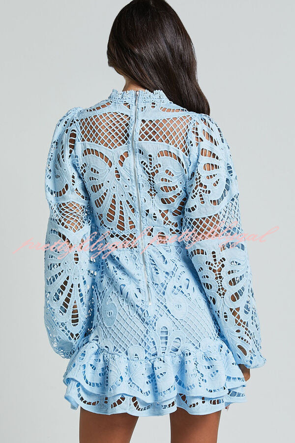 Elegant Solid Color Hollow Long Sleeve Waisted Lace Mini Dress for Women - Perfect for Parties, Dates & Special Occasions