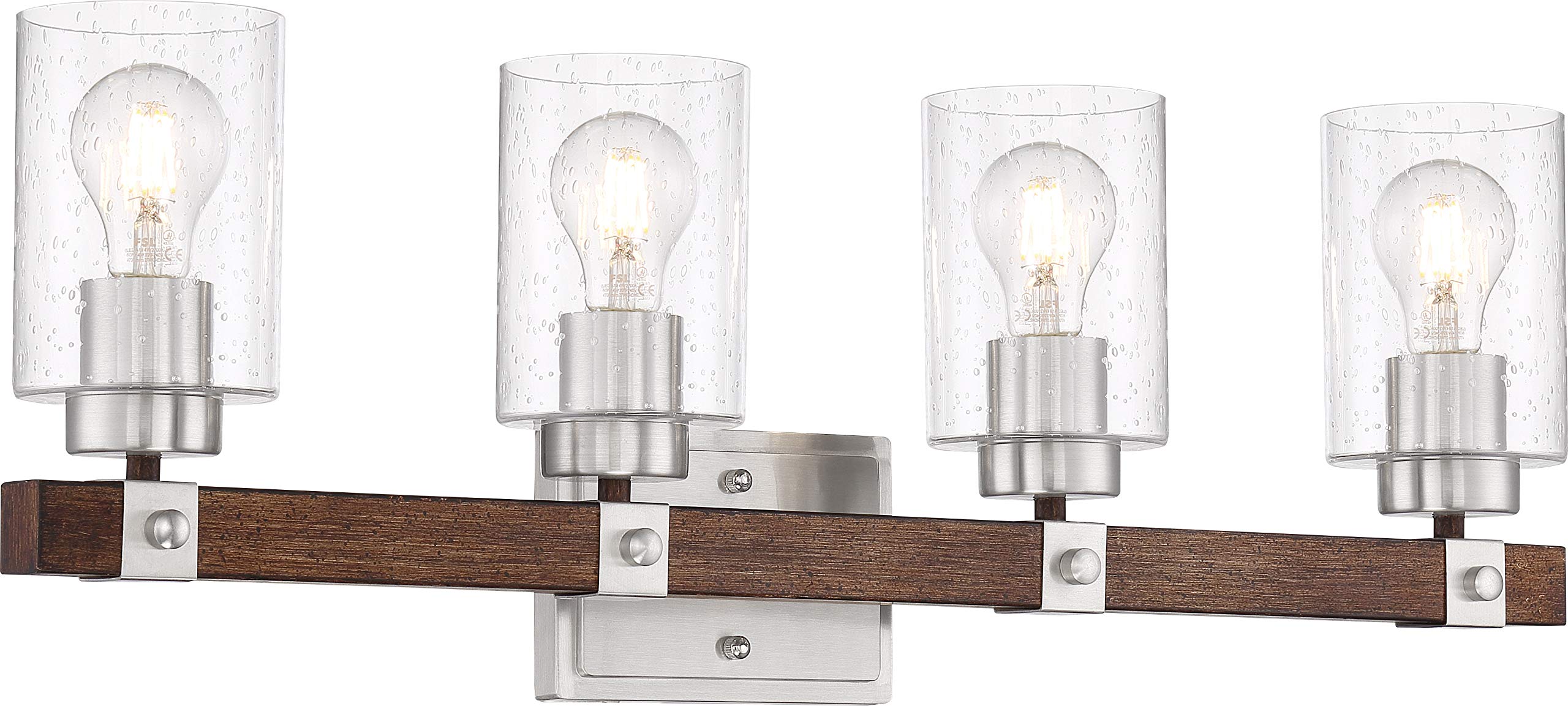Nuvo 60/6964 Arabel Vanity Light Fixture - Brushed Nickel & Nutmeg Wood Finish with Clear Seeded Glass - 4-Light Bathroom Sconce for Modern Home Decor (Perfect for Bedroom, Bathroom, and Dressing Room Lighting)