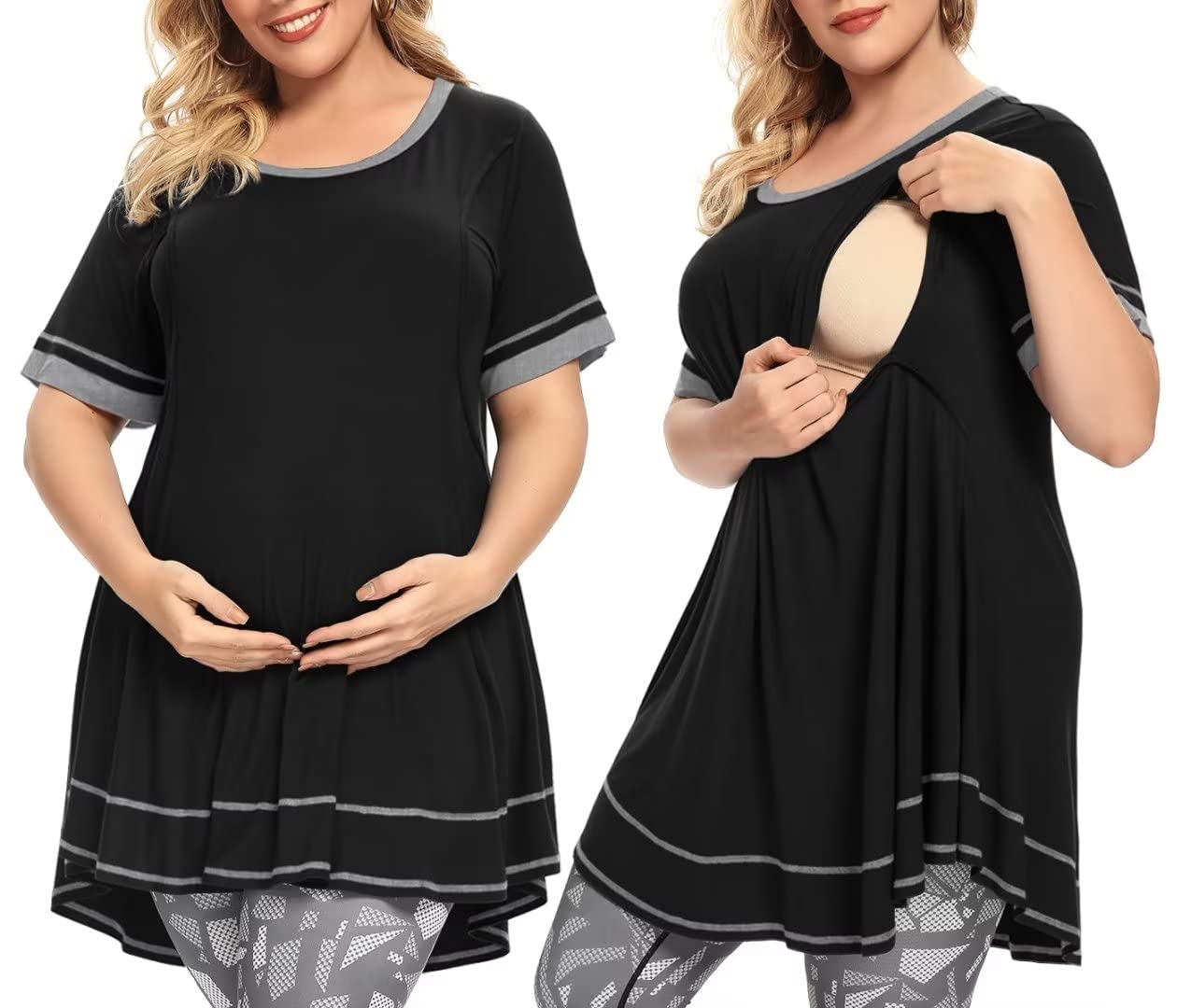 MONNURO Women's Plus Size Nursing Maternity Tops - Short Sleeve Casual Swing Tunic for Breastfeeding | Comfortable Loose Fit Nursing Shirts for Pregnancy & Postpartum | Perfect for Daily Wear, Shopping & Mother-Baby Bonding Time