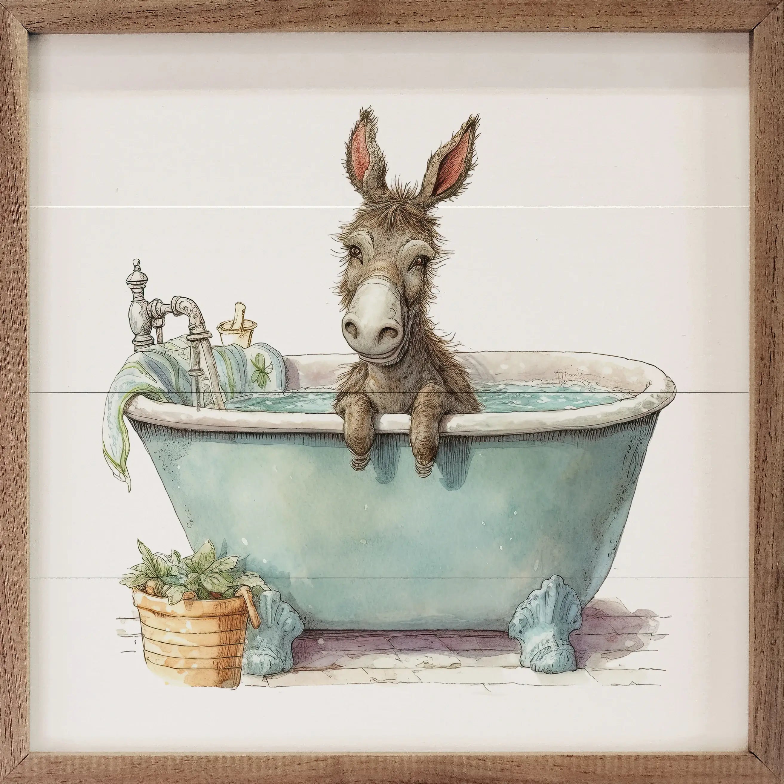 Donkey Green Tub Wood Framed Print - Rustic Farmhouse Wall Art Decor for Living Room, Bedroom & Office