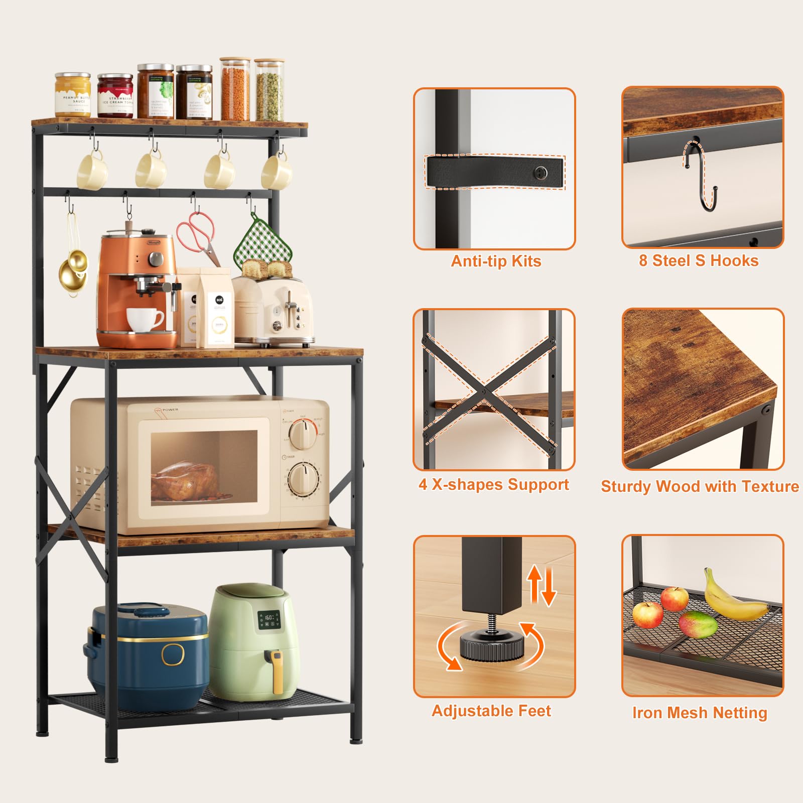 Rustic Brown 4-Tier Kitchen Bakers Rack with Adjustable Storage Shelves & 8 Hooks - Freestanding Microwave Stand, Coffee Bar Organizer - Perfect for Small Kitchens, Pantry Organization & Appliance Storage