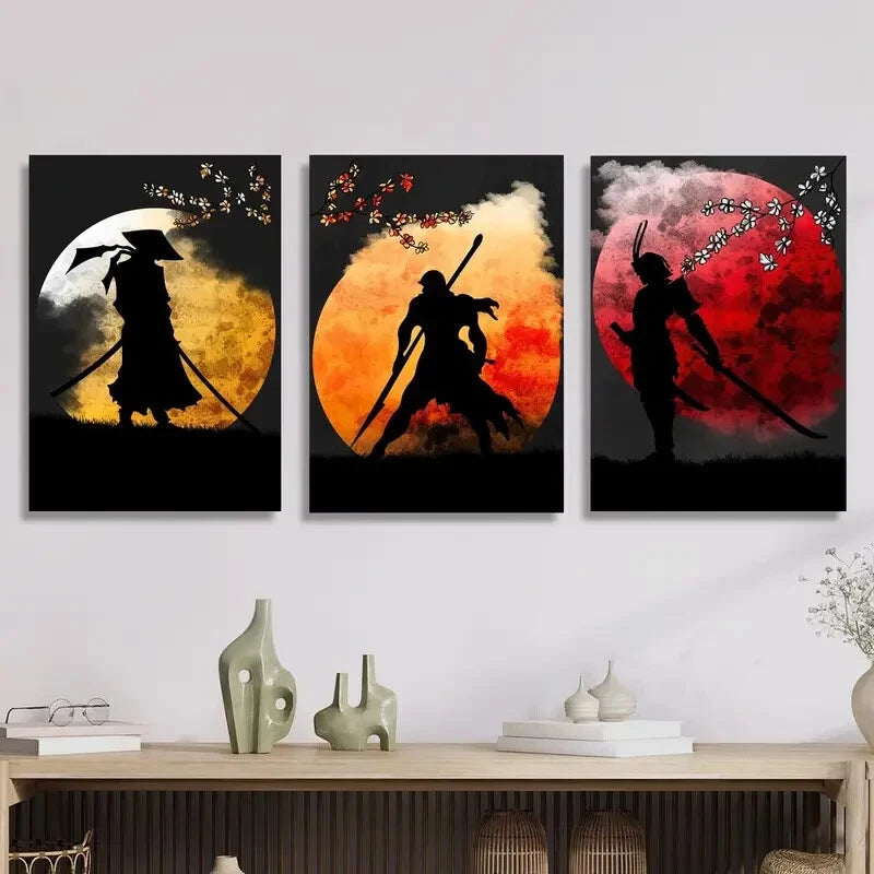 3-Piece Moon Warrior Silhouette Metal Wall Art - Epic Samurai Prints - Ready to Hang - Home & Office Decor - Perfect for Living Room, Bedroom, or Man Cave