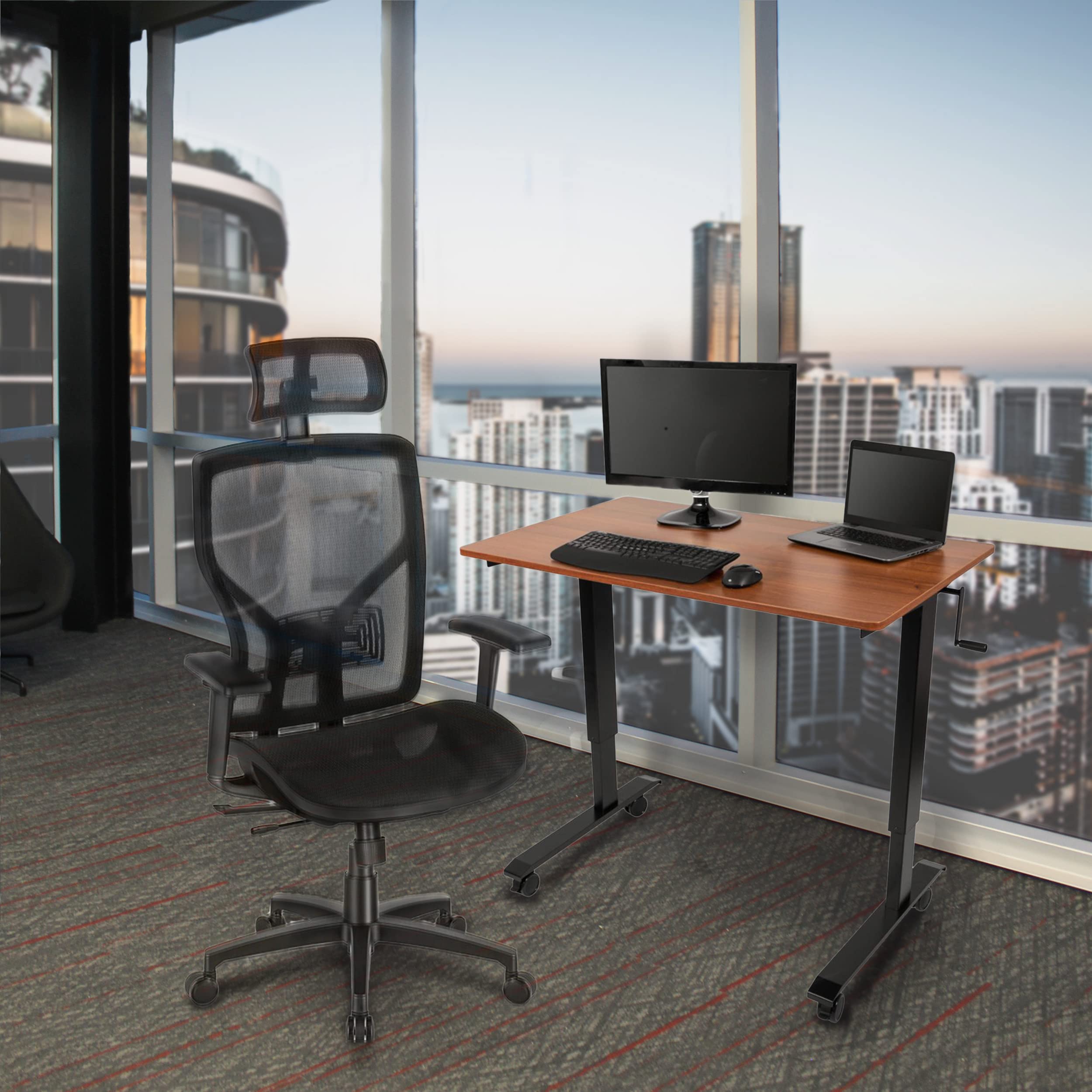 Adjustable Standing Desk with Wheels - Black Frame & Teak Top for Home Office