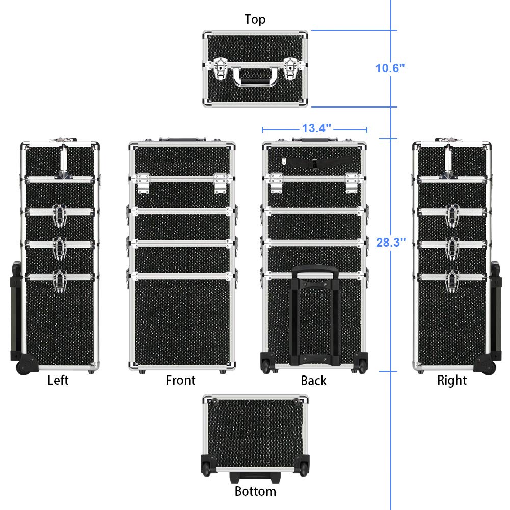 OUDMAY 4-in-1 Professional Makeup Train Case with Aluminum Frame & Folding Trays - Black Diamond Cosmetic Organizer for Travel, Salon, and Mobile Makeup Artists | Rolling Beauty Storage Case for Makeup Brushes, Palettes & Cosmetics
