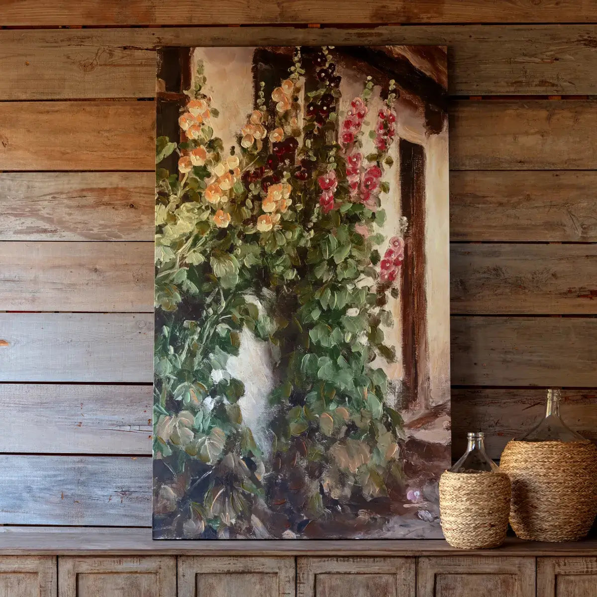 Cottage Hollyhocks Remarque - Vintage Floral Home Decor for Farmhouse, Cottage & Garden Style | Perfect for Wall Art, Gift & Boho Room Aesthetic