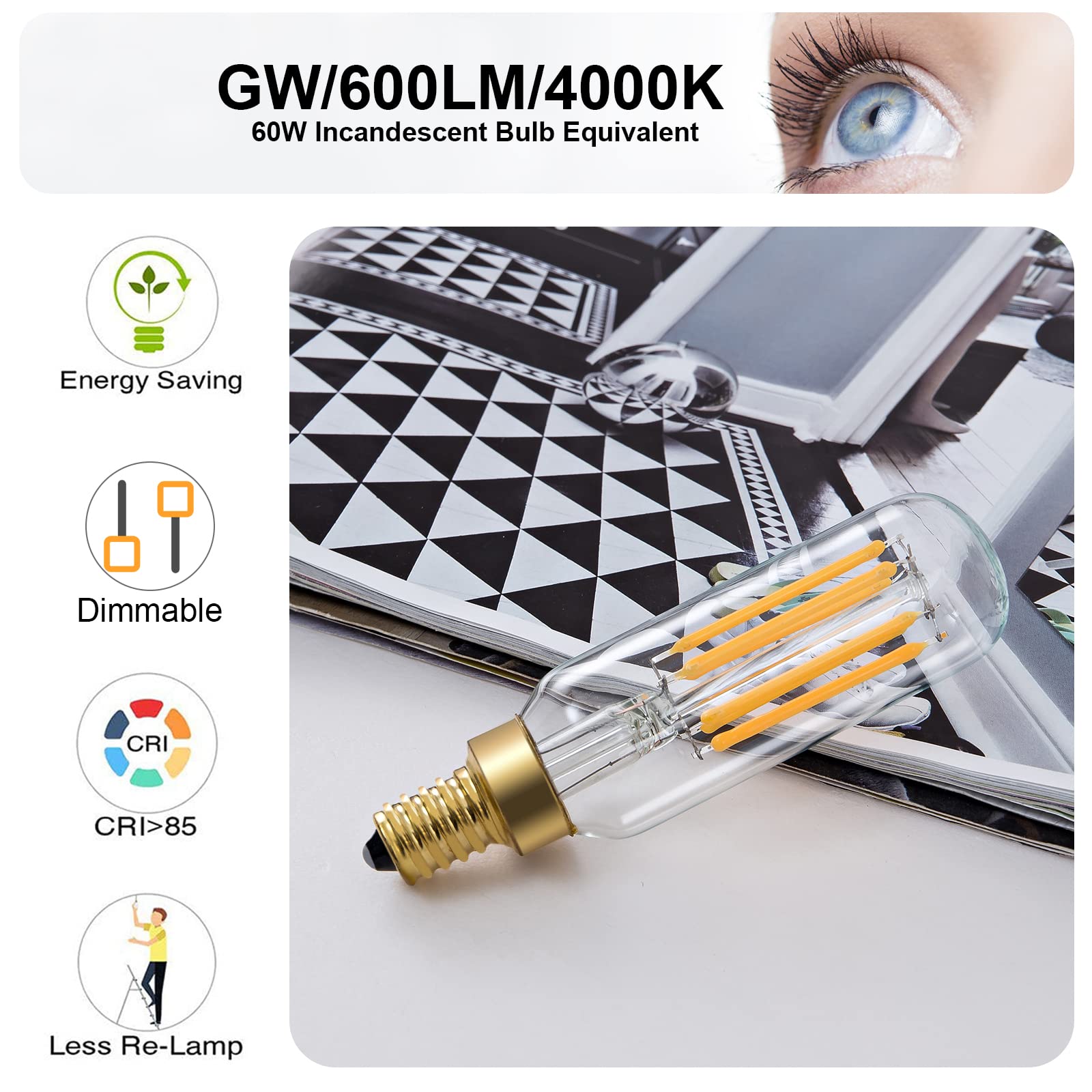 E12 LED Bulb T6 Dimmable Candelabra Bulb 6W (60W Equivalent) 4000K Daylight Edison Light Bulbs - 6 Pack for Chandeliers, Ceiling Fans, Vanity Lights - Perfect for Dining Rooms, Bedrooms & Bathroom Lighting