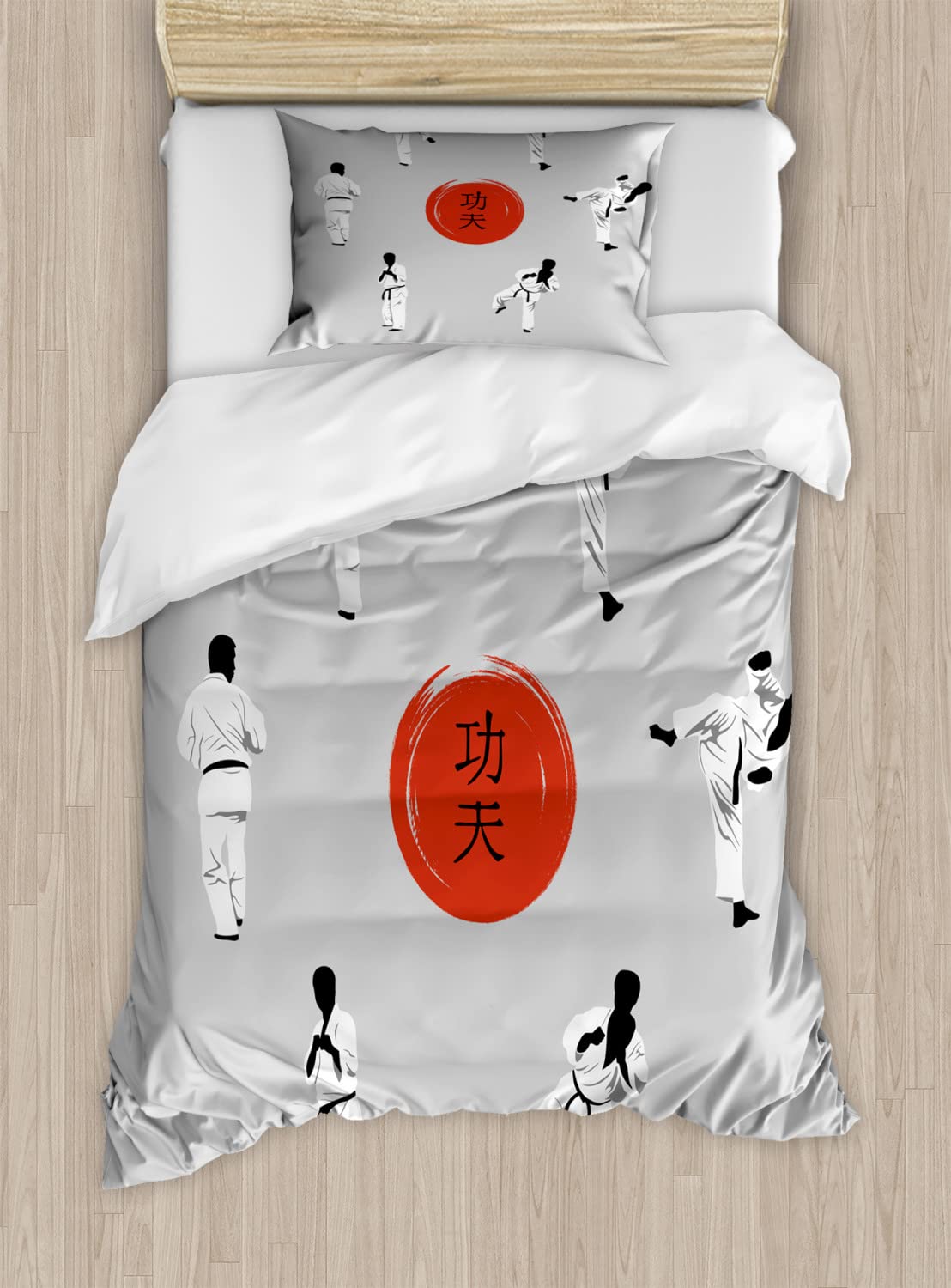 Ambesonne Kung Fu Duvet Cover Set - Karate Theme with Hieroglyph Design, 2-Pack Twin Size Bedding (2 Duvet Covers + 2 Pillowcases) in Pale Grey Vermilion - Perfect for Martial Arts Enthusiasts & Asian-Themed Bedrooms