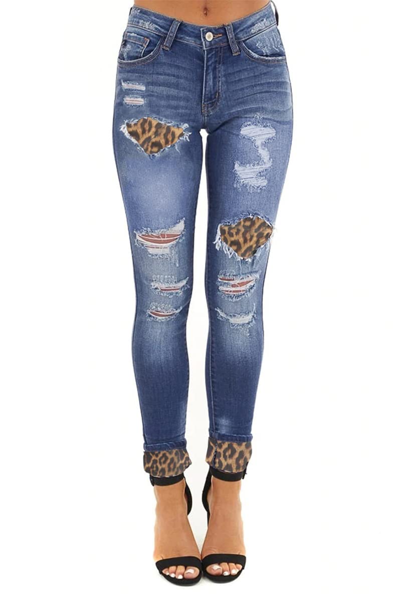 MyKrazyTees Women's High Waisted Distressed Skinny Jeans - Stretchy Slim Fit Ripped Denim Pants with Leopard Print Stitching | Perfect for Casual Outfits, Streetwear & Night Out Looks