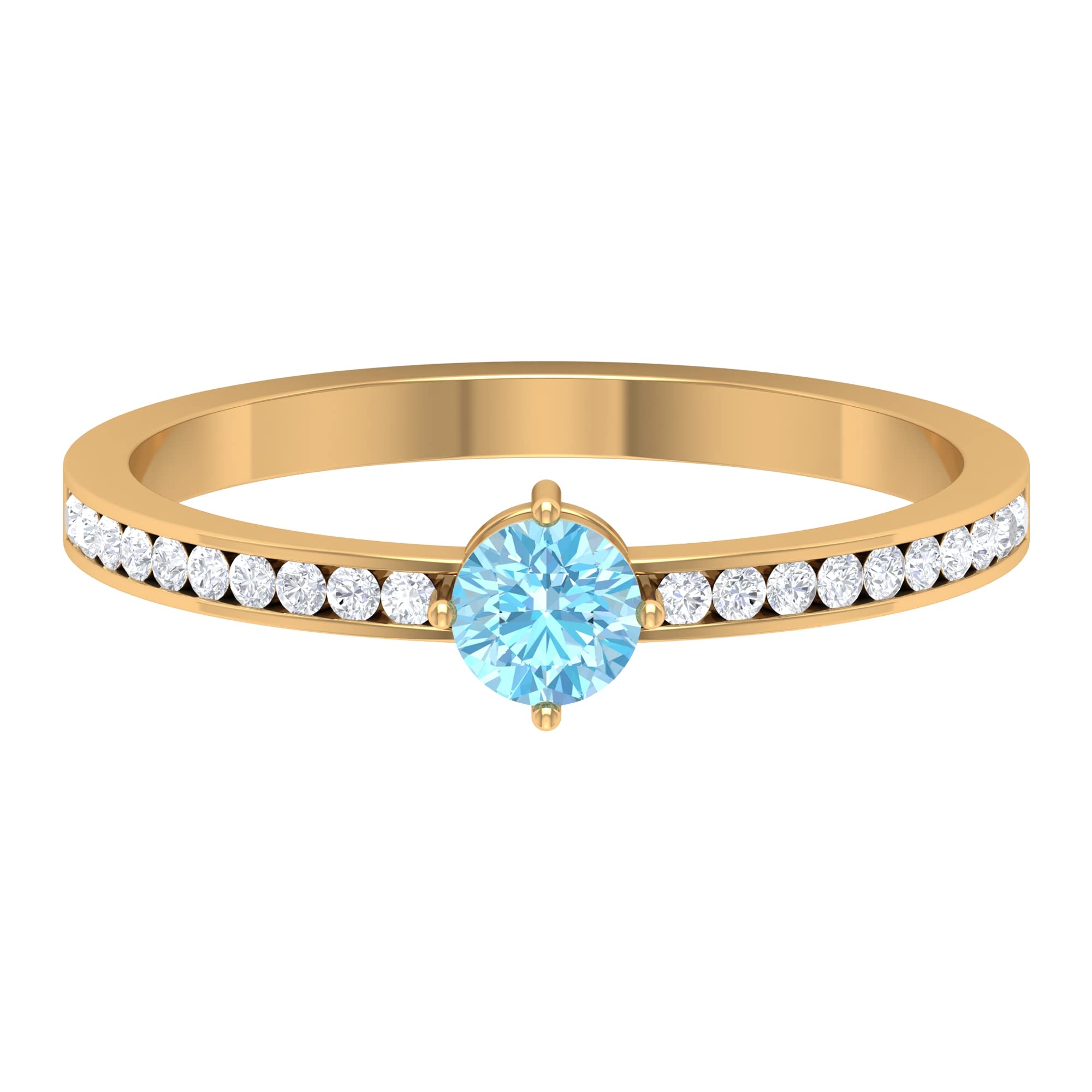 14K Solid Gold Aquamarine Solitaire Ring with Diamond Side Stones - Round Cut Blue Gemstone Engagement Ring, Promise Ring & Anniversary Jewelry Gift for Her - Perfect for Weddings, Proposals & Special Occasions