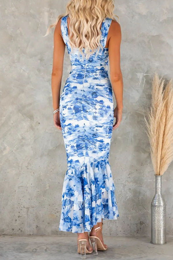 Floral Ruched Mesh Overlay Ruffle Hem Maxi Dress - Elegant Women's Summer Party & Wedding Guest Dress for Beach Vacations & Special Occasions