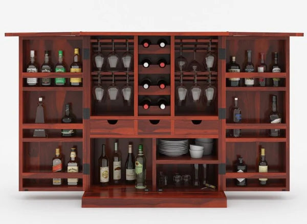 Solid Wood Expandable Bar Cabinet with Diamond Design - Rustic Home Bar Furniture for Living Room, Dining Room & Entertainment Spaces