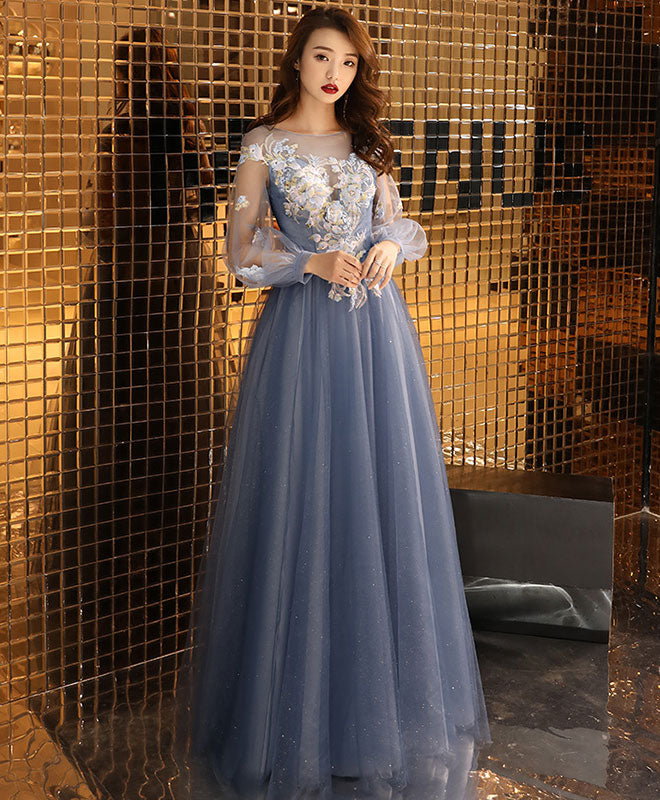 Elegant Blue Round Neck Tulle Lace Long Prom Dress - Formal Evening Gown for Homecoming, Quinceañera & Special Occasions