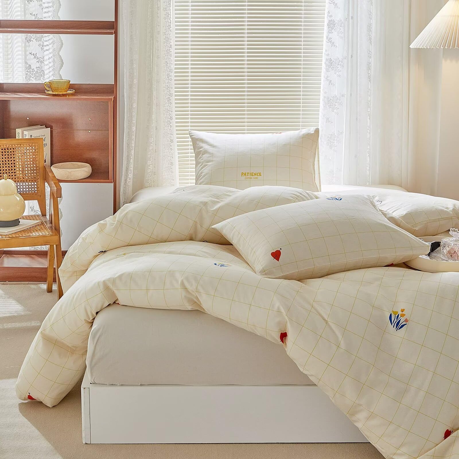 BuLuTu 100% Cotton Plaid Duvet Cover Twin Size - Beige Geometric Grid Pattern Kids Bedding Set with Zipper Closure & Corner Ties | Soft Breathable Comforter Cover for Girls' Room Decor & Teen Bedroom