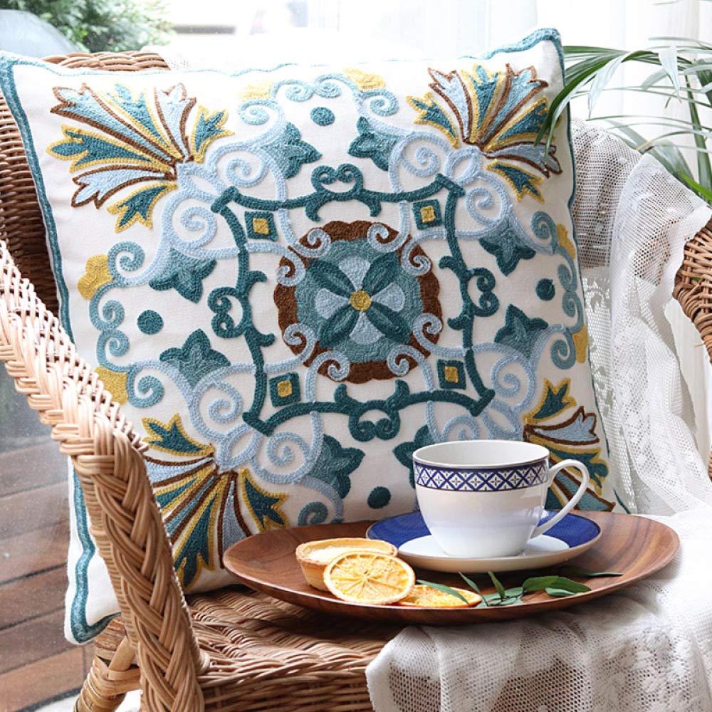 Embroidered Flower Pillow Cover 18x18 Inches - Boho Geometric Sofa Cushion for Living Room, Bedroom Decor - Soft Cotton Throw Pillow Case with Floral Design (A-45×45cm) - Perfect for Home Styling, Cozy Seating & Gift Giving