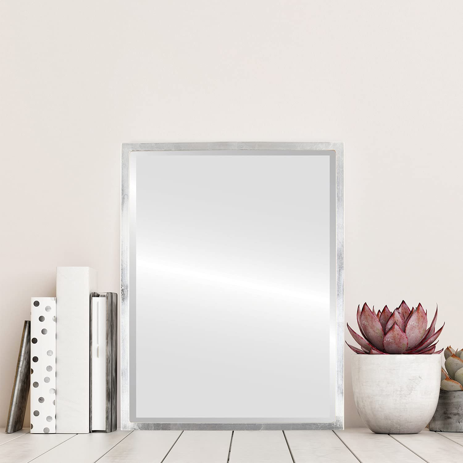 OVALCREST - 23.1x29.1 Inch Rectangle Wooden Beveled Wall Mirror with Silver Leaf & Brown Antique Finish - London Style Home Decor for Bathroom, Vanity, Bedroom, Living Room & Hallway - Perfect for Makeup, Dressing & Interior Design