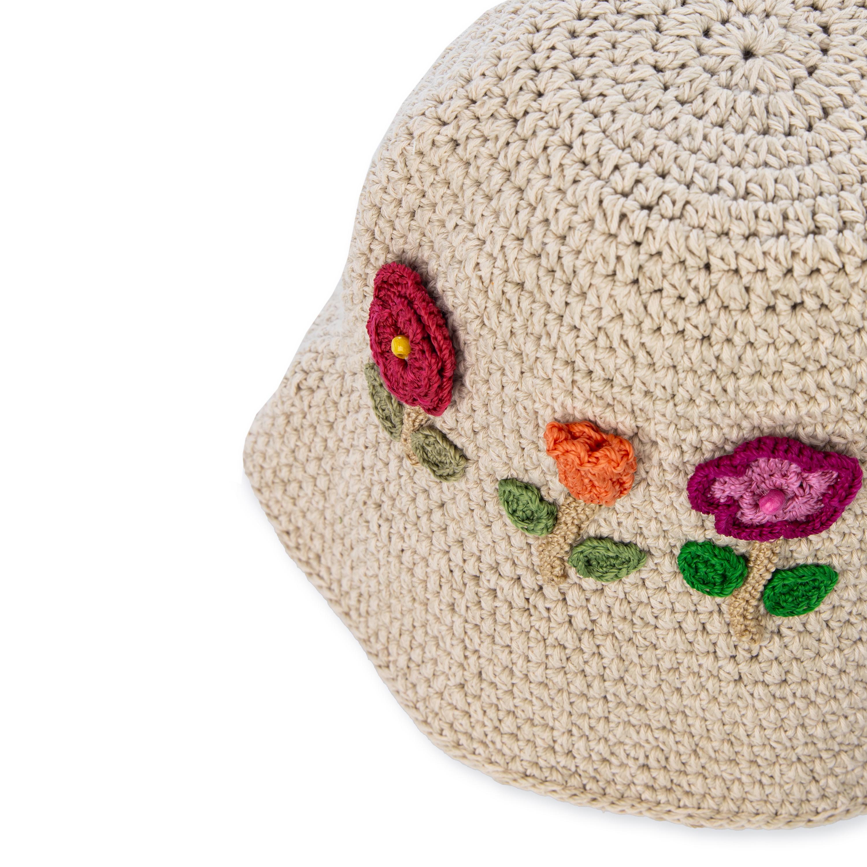 Lanie Hand Crochet Bucket Hat with Flower Design in Ecru - Perfect for Beach, Summer Outfits, and Outdoor Adventures