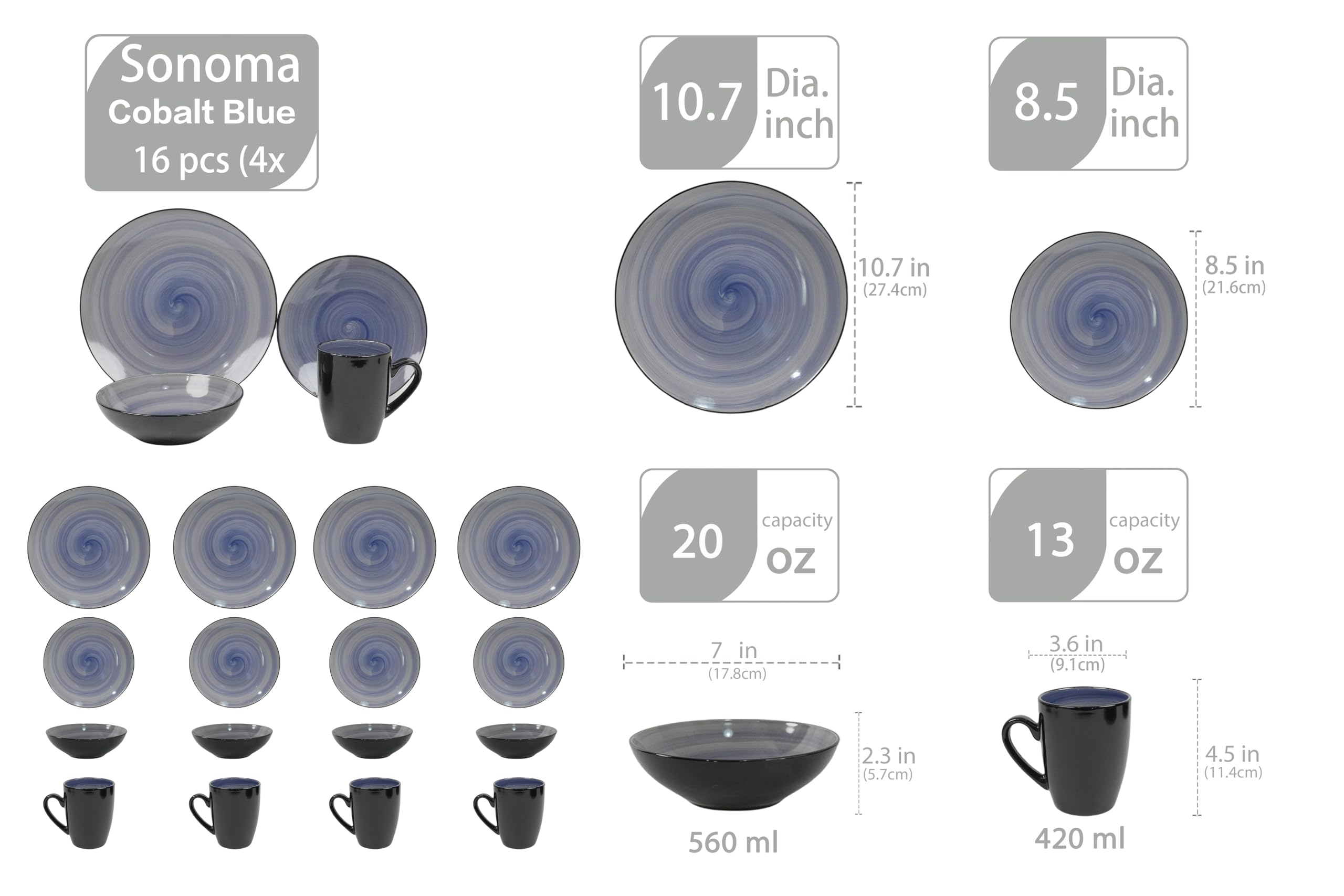 Stoneware Sonoma 16-Piece Dinnerware Set in Black & Speckled Cobalt Blue - Durable Stoneware Dinner Plates, Bowls & Mugs - Perfect for Everyday Dining, Family Gatherings & Restaurant Use
