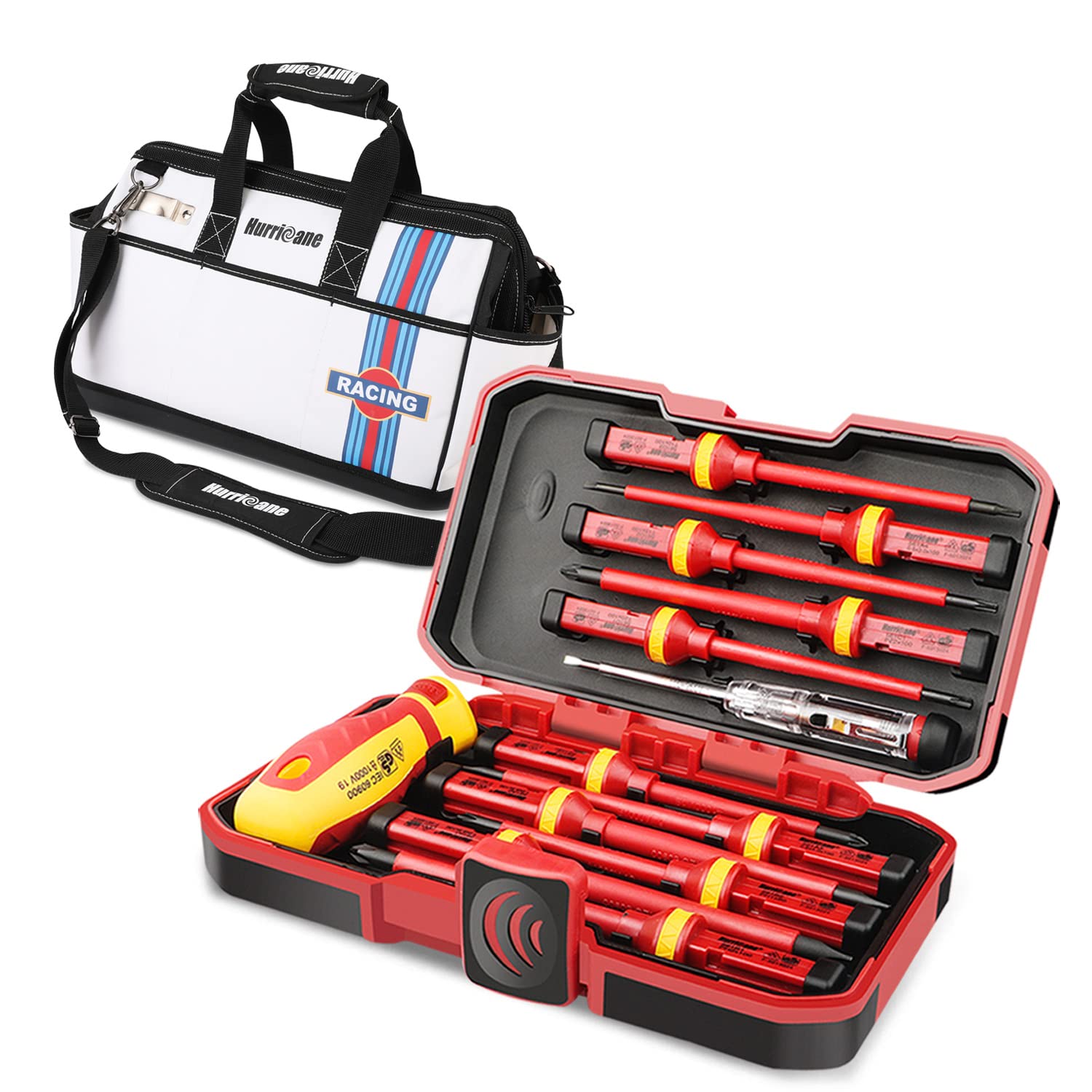 1000V Insulated Electrician Screwdriver Set with 16-inch Racing Design Waterproof Tool Bag - Professional Electrical Repair Kit for Home, Garage & Automotive Use