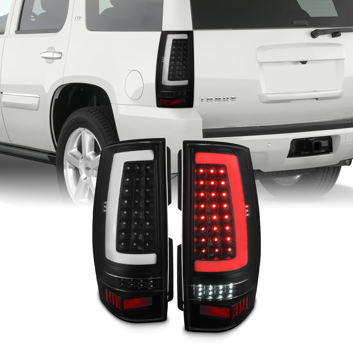 AKKON Full LED C-Tube DRL Running Signal Black Tail Brake Lights Pair - Compatible with 2007-2014 Chevy Suburban, Tahoe & GMC Yukon XL - Upgrade Your Ride with Stylish & Bright Lighting for Night Driving & Enhanced Safety