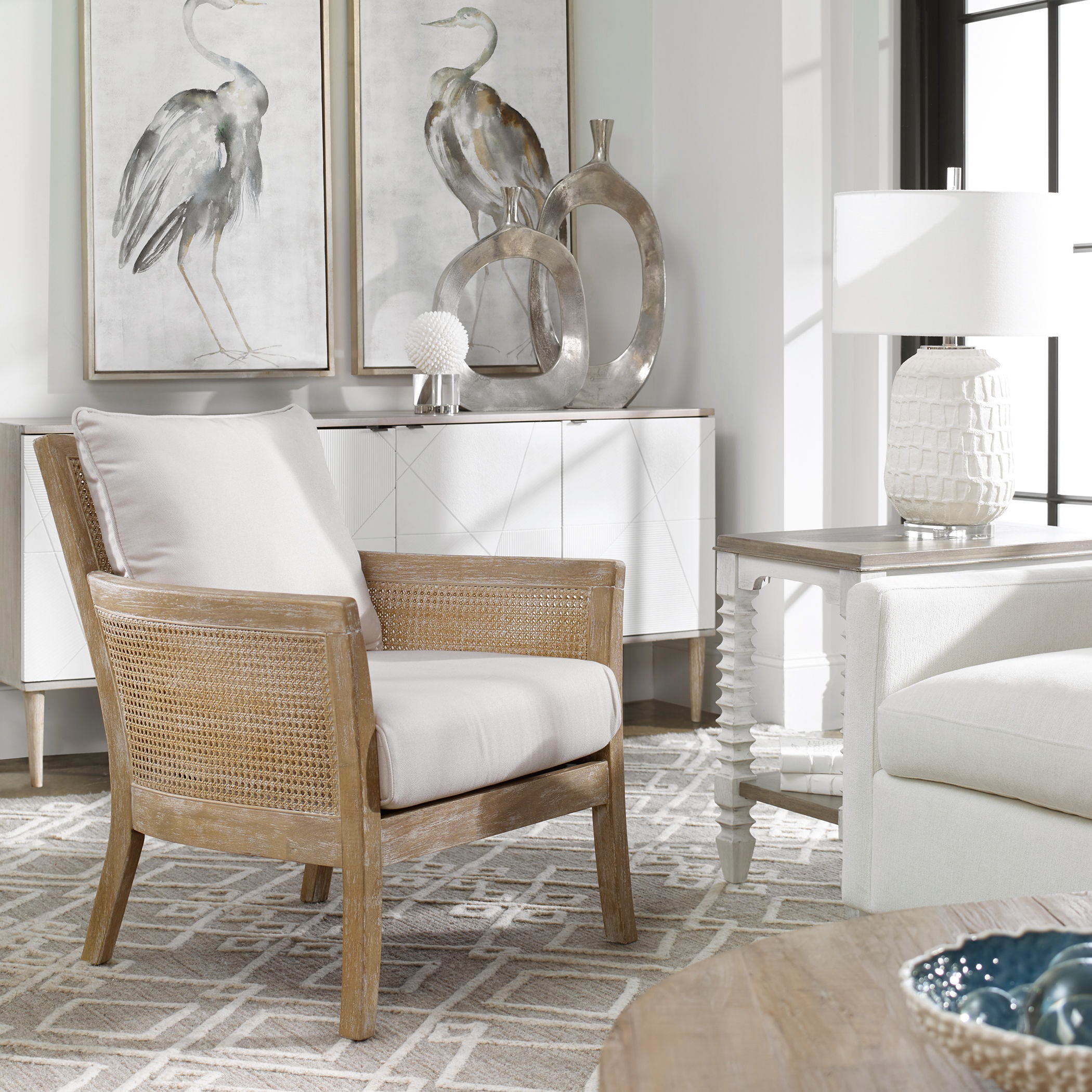 Encore Natural White Armchair - Modern Comfortable Upholstered Living Room Chair for Home, Office & Lounge