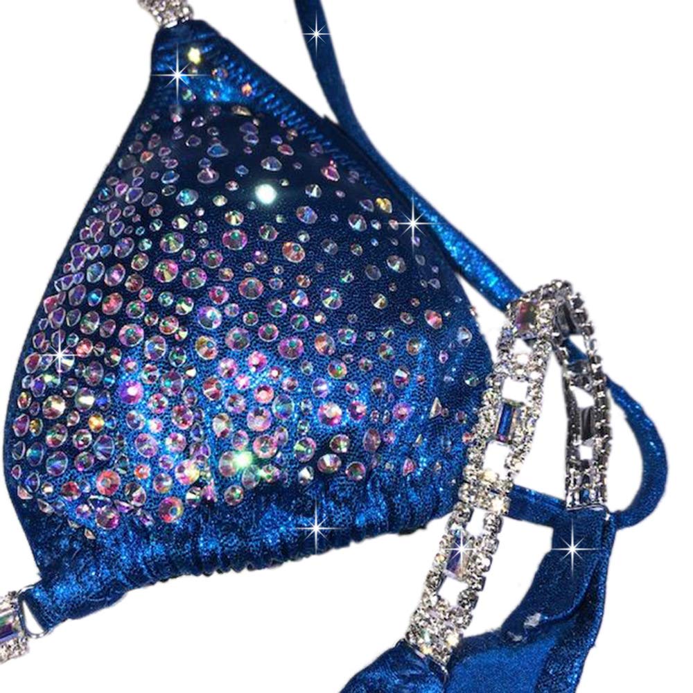 Royal Blue Competition Bikini Suit with AB Rhinestones - NPC Bikini Contest Swimsuit for Women (XS, Hips 28