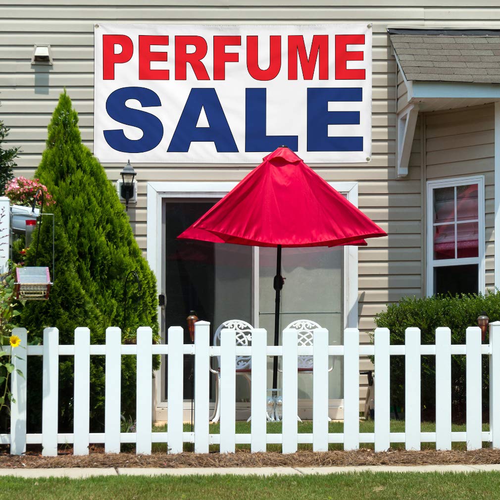 Custom Vinyl Banners for Outdoor Advertising - Red & Blue Perfume Sale Signs - Weatherproof & Durable - Multiple Sizes (60x144 Inches) with 10 Grommets - Perfect for Business Promotions, Yard Sales & Industrial Use