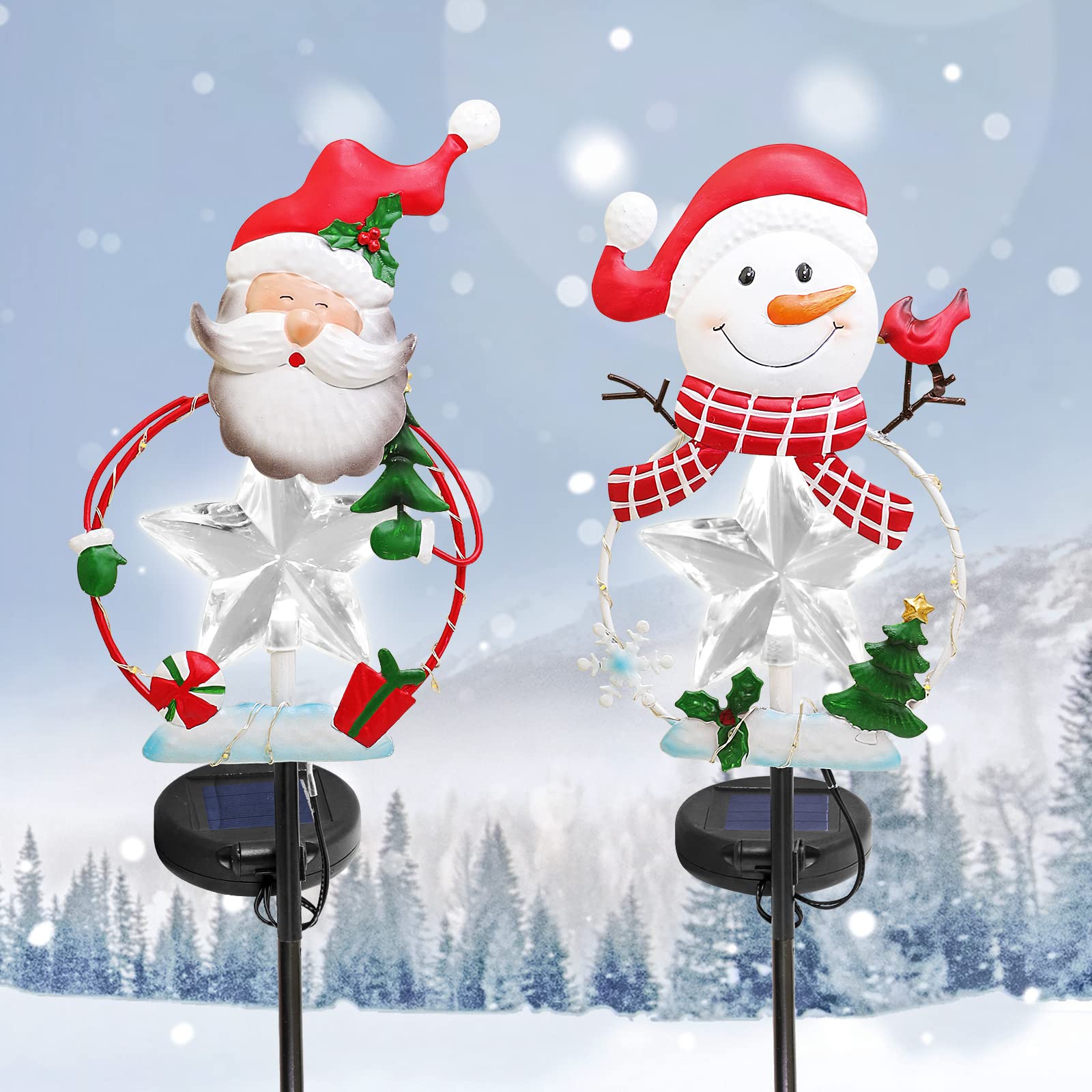 2 Pack Solar Powered LED Christmas Pathway Lights with Snowman & Santa - Outdoor Yard, Garden, Patio, Lawn Decor for Holiday Season | Weatherproof & Energy Efficient