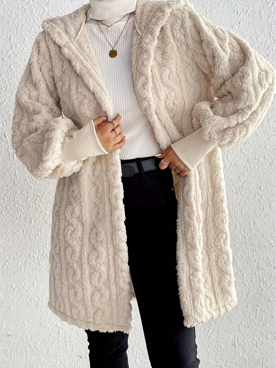 Open Front Long Sleeve Fuzzy Hooded Jacket - Cozy Winter Outerwear for Women | Perfect for Casual Outings, Lounge Wear & Cold Weather Fashion