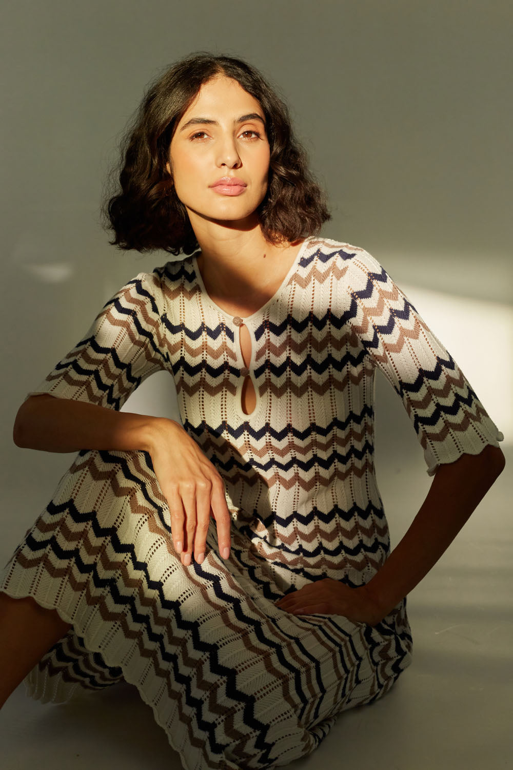 Navy Blue Cotton Chevron Stitch Dress for Women - Casual Summer Midi Dress for Beach, Vacation & Everyday Wear