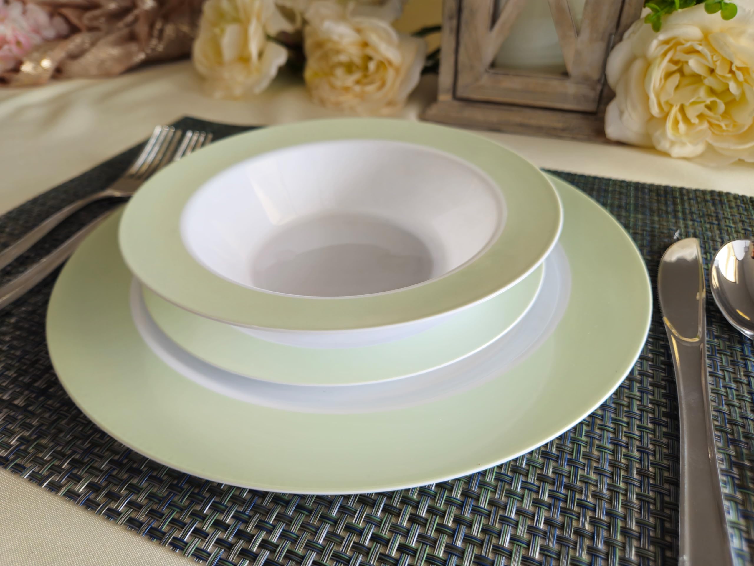 120-Piece Disposable Plastic Plates & Bowls Set - 12oz Soup Bowls for Weddings, Parties & Events (White & Pearled Green) - Perfect for Catering, Picnics & Family Gatherings
