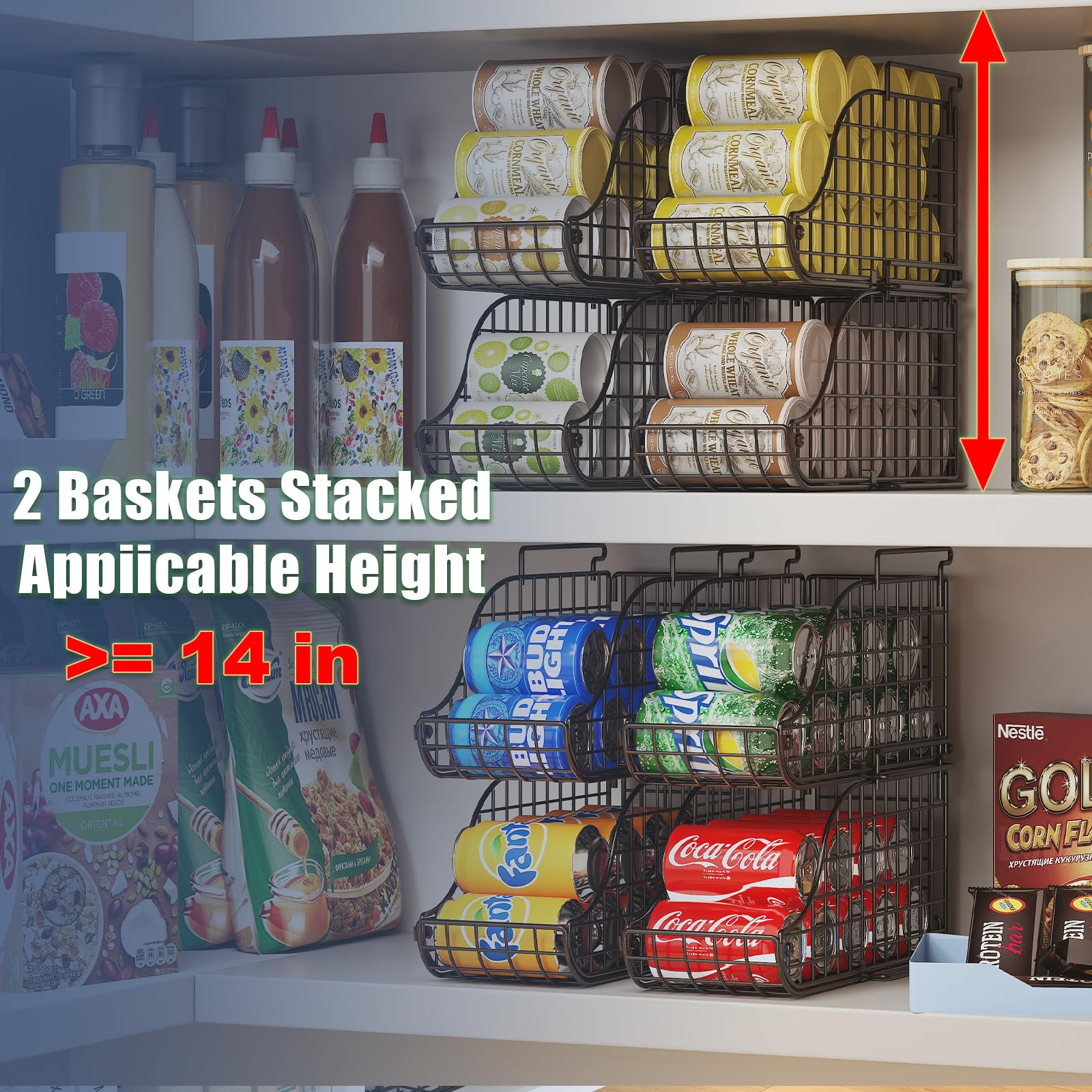 4-Pack Stackable Canned Food Organizer with Handles - Kitchen & Pantry Organizer for Soda Cans, Wire Cabinet Shelf Storage - Foldable Can Dispenser (Black) - Perfect for Kitchen Cabinets, Pantry Shelves & Fridge Organization