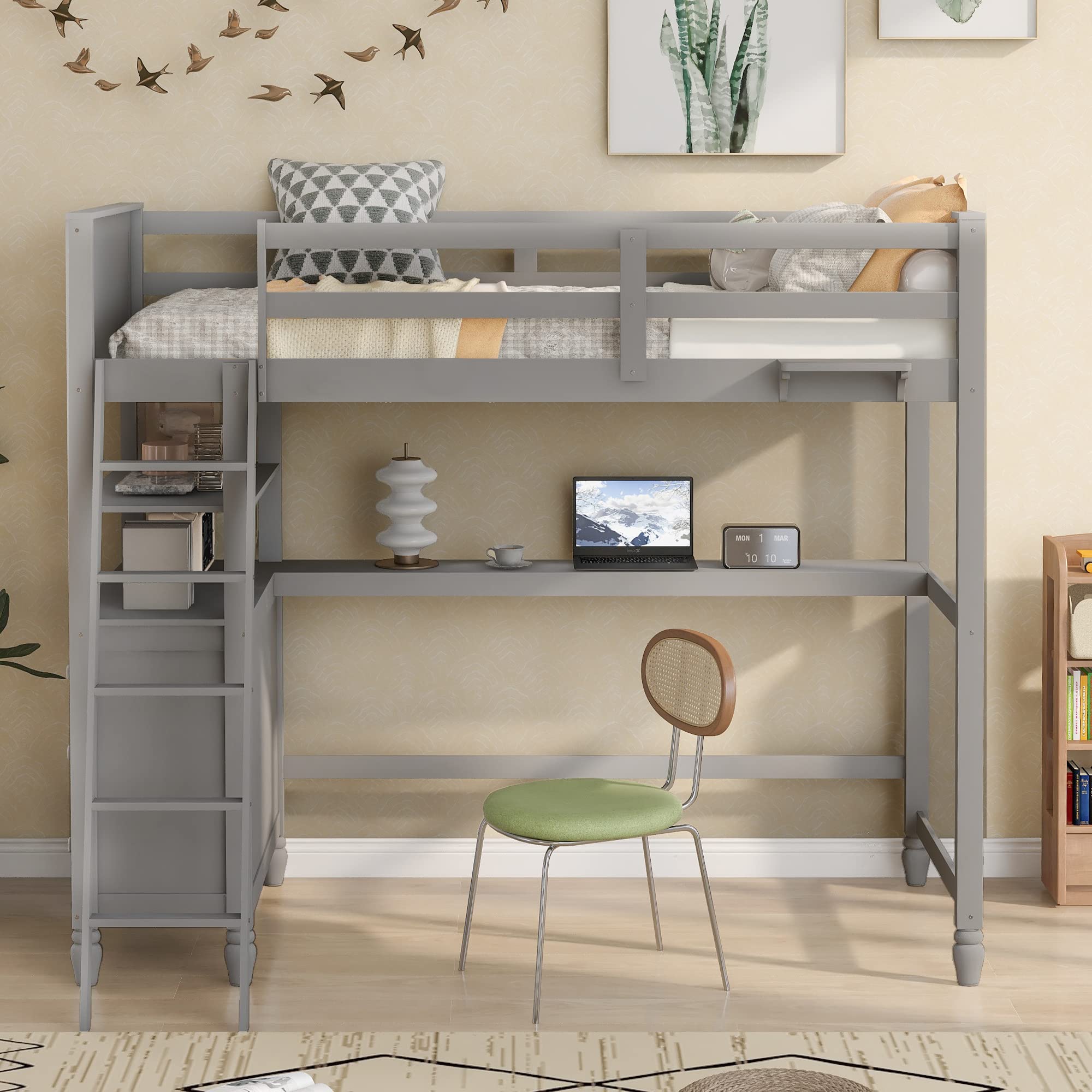 **Solid Wood Twin Loft Bed with Desk for Kids - Sturdy Loft Bed Frame with 3 Drawers & 3 Storage Shelves, Multi-Functional Study & Sleep Space with Ladder & Guardrails (Gray) - Perfect for Small Bedrooms, Dorms & Kids' Rooms**