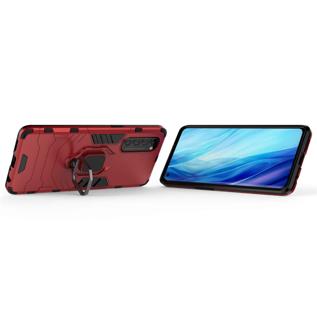 LuluMain Shockproof Hard Bumper Case for Oppo Reno 4 Pro 4G - Metal Ring Grip & Kickstand, Magnetic Car Mount Compatible, Dual Layer Rugged Cover (Red) - Perfect for Outdoor Activities, Travel, and Daily Protection