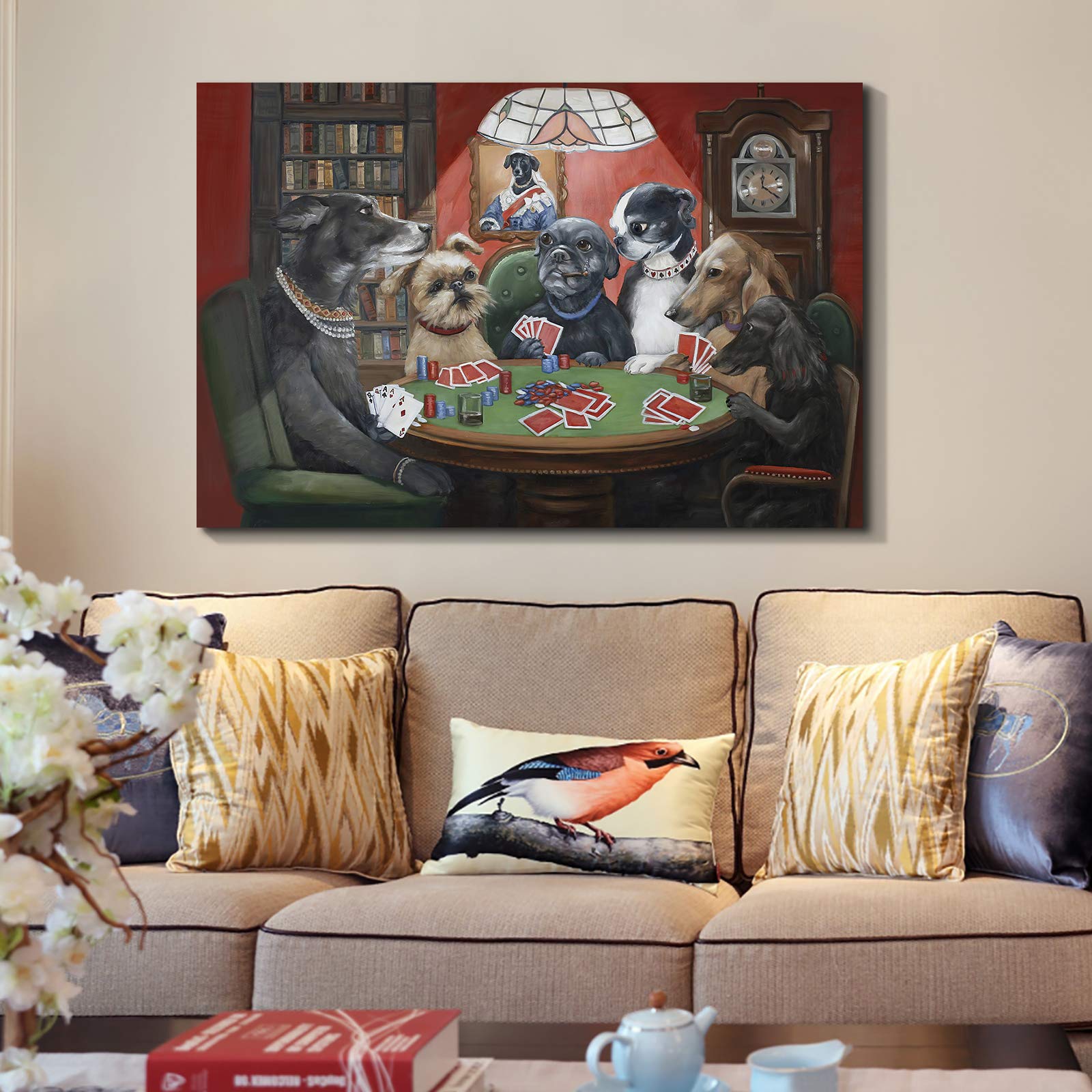 Denozer - Dogs Playing Poker by Cassius Marcellus Coolidge Oil Painting Reproduction - Premium Giclee Canvas Print (48x32 inches) - Ready to Hang Wall Art for Living Room, Game Room & Man Cave Decor - Perfect Gift for Dog Lovers & Poker Fans