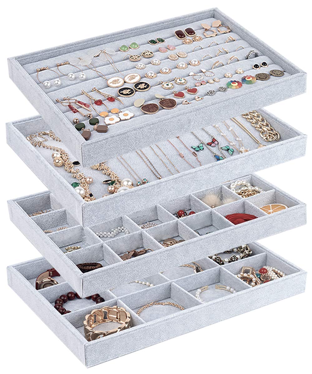 Stackable Velvet Jewelry Organizer Trays - 4-Piece Set for Earrings, Necklaces, Bracelets & Rings | Drawer Storage & Display Solution | Perfect for Travel, Home Vanity & Gift Giving (Grey)