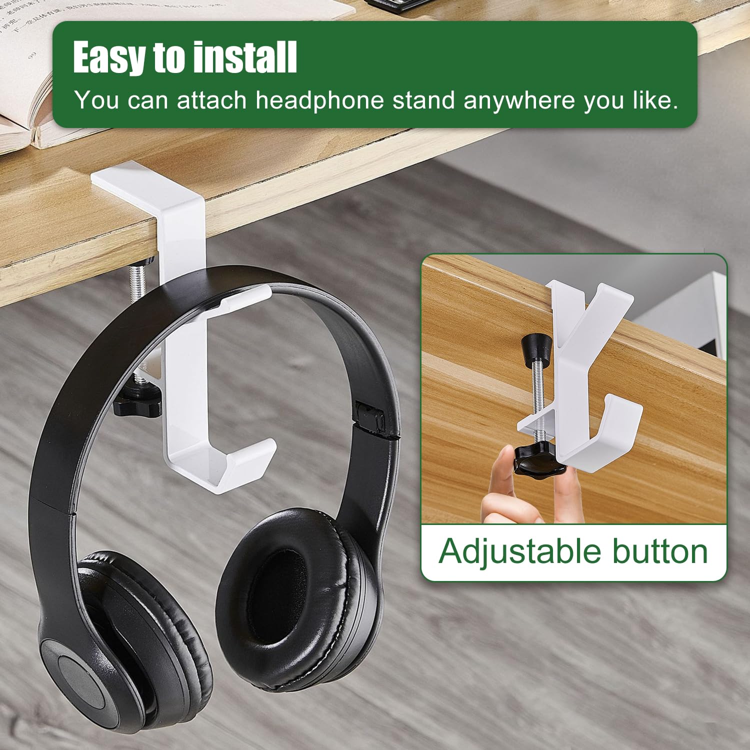 Jiehaojia 2-Pack Adjustable Universal Headphone Stand Holder - Under Desk Mount Gaming Headset Hanger for All Headphones (Black/White) - Perfect for Home Office, Gaming Setup & Workspace Organization