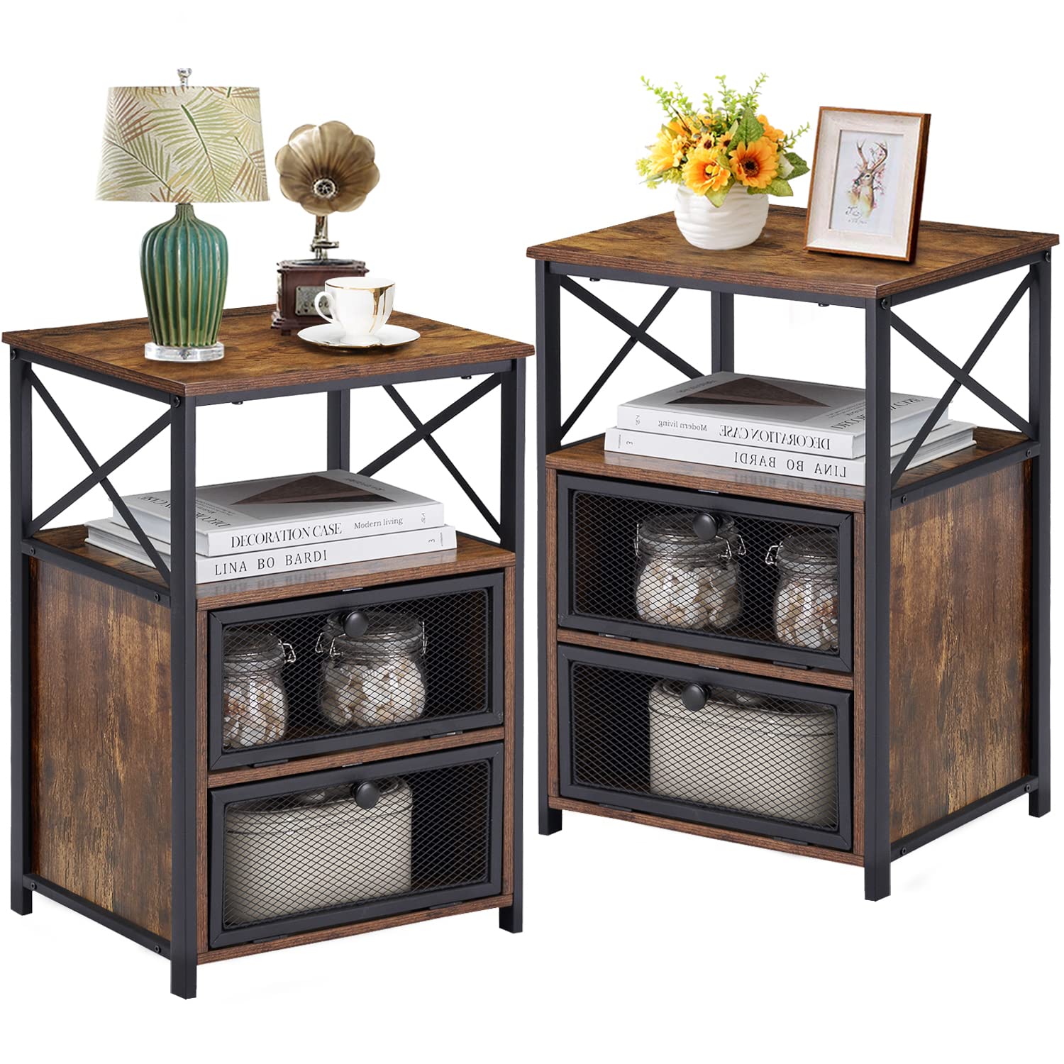 VECELO Modern Nightstand with Storage & Flip Drawers - Rustic Brown End Table for Bedroom, Living Room, Lounge - Set of 2 Nightstands for Small Spaces & Apartment Decor