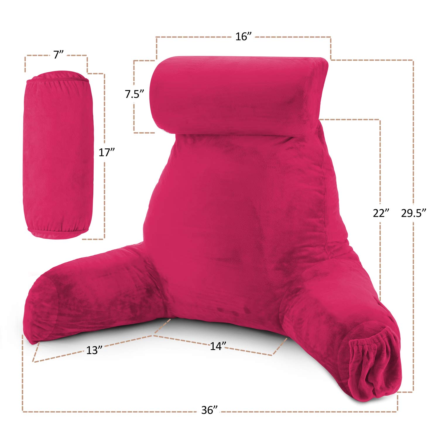 Nestl Large Reading Pillow for Bed - Shredded Memory Foam Back Support Pillow with Pockets - Perfect for Reading, Watching TV, or Relaxing in Bed - Hot Pink Bed Chair Arm Pillow for Adults & Kids