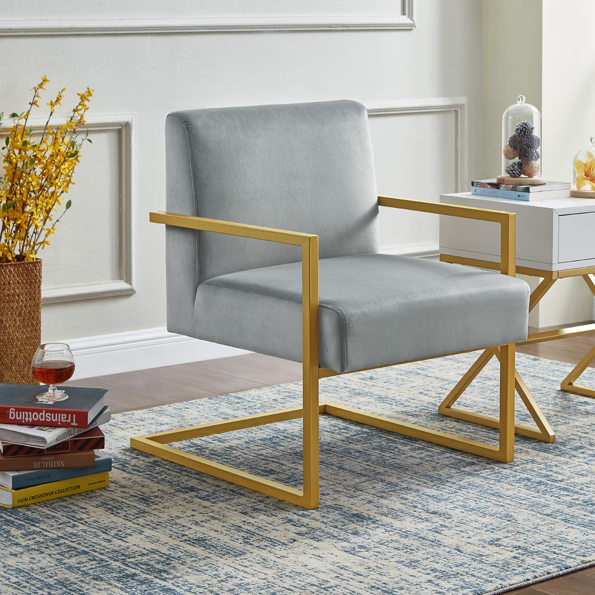 24K Gold Accent Chair with Velvet Cushion & Square Armrests - Modern Metal Frame in Golden Finish - Comfortable Lounge Chair for Living Room, Bedroom or Office Decor