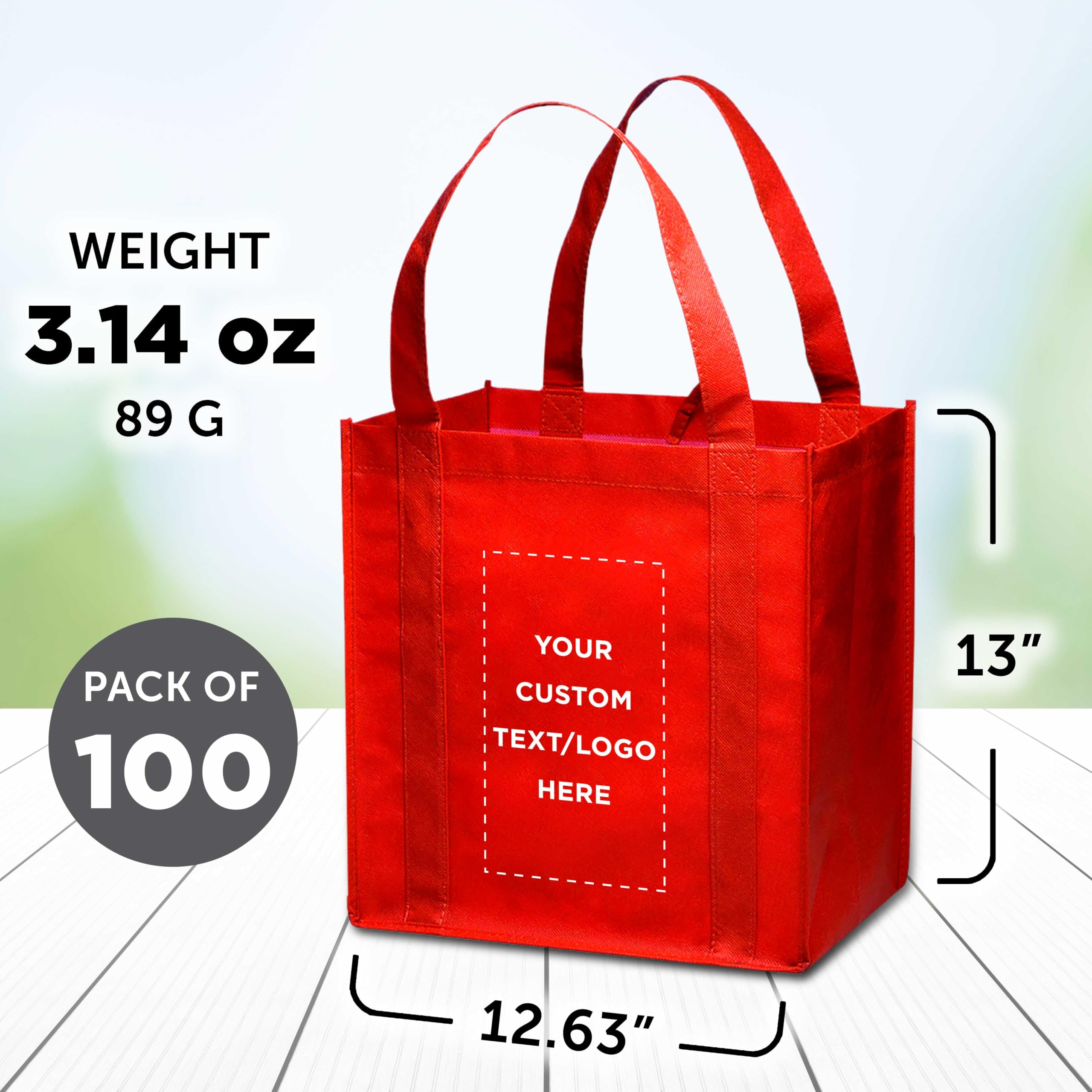 Custom Reusable Grocery Tote Bags 100 Pack - Personalized Logo & Text - Small Foldable Shopping Bags - Red 12.625