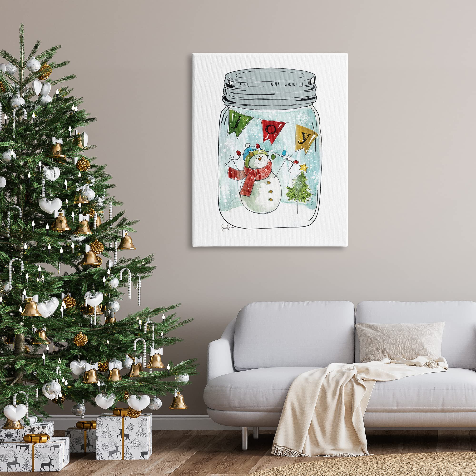 Stupell Industries Joy Text Snowman Christmas Tree Lights Country Jar Canvas Wall Art - 36