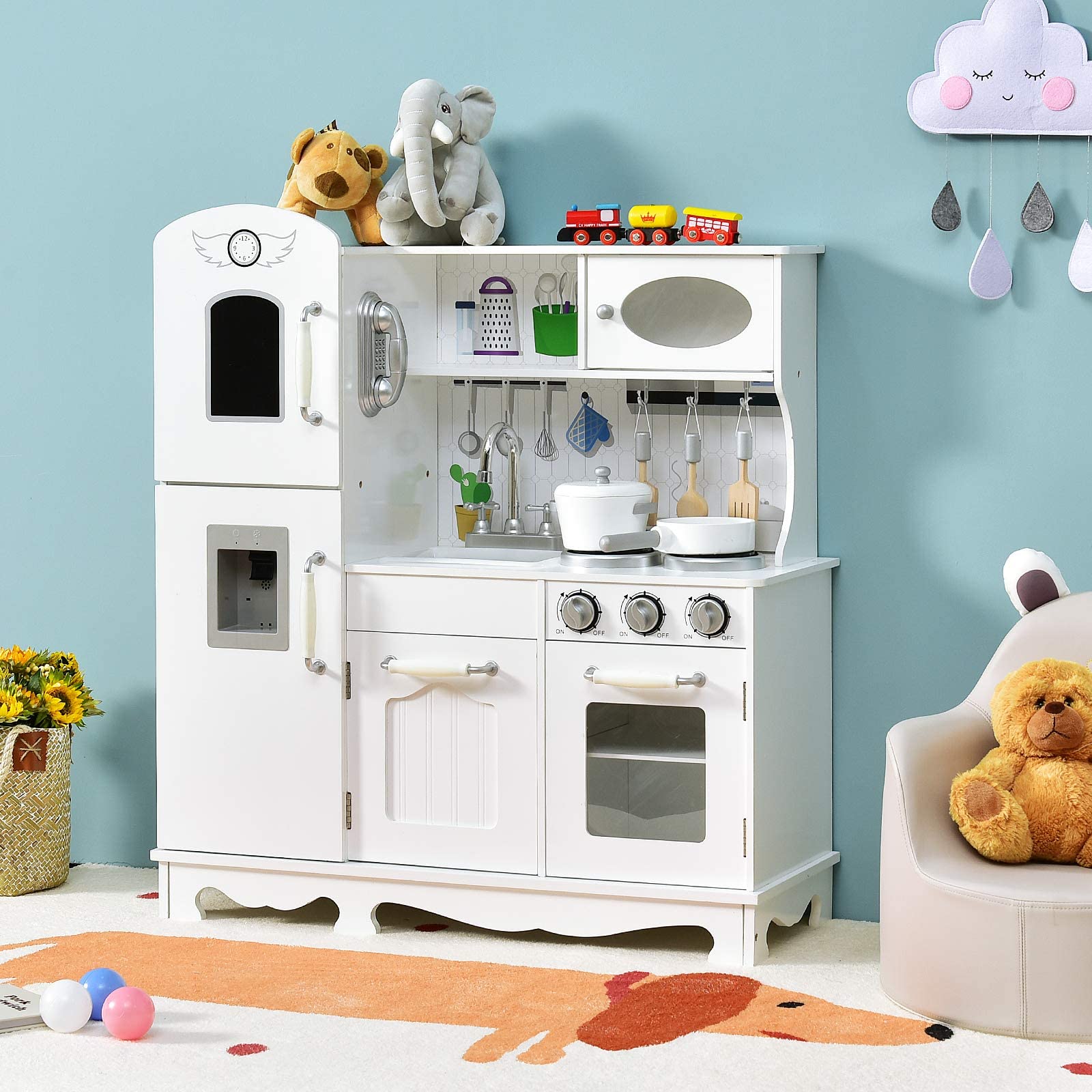 Costzon Wooden Kids Kitchen Playset with Light & Sound - Pretend Play Toy Kitchen Set with Microwave, Ice Maker, Oven & Sink - Educational Cooking Toys for Toddlers Age 3+ (Ideal for Birthday Gifts & Preschool Role Play)