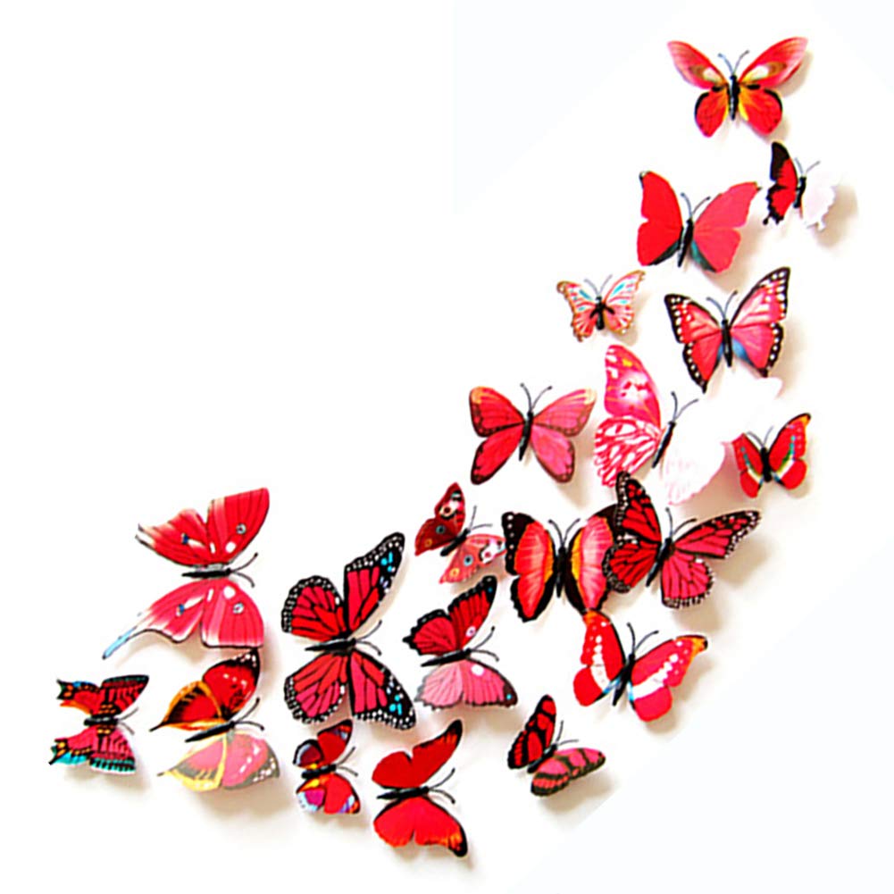 24PCS 3D Butterfly Wall Decal Stickers - Removable Refrigerator Magnets for Kids Room Decor, Home & Bedroom Art Mural (Red) - Perfect for Nursery, Living Room & Office Decoration