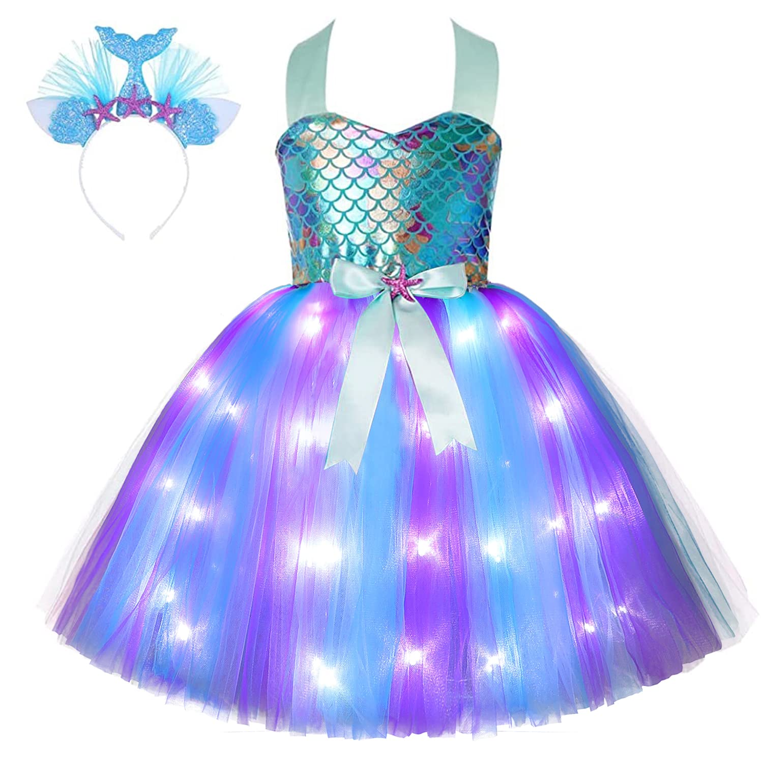 Gomukot Girls Mermaid Costume with LED Lights - Sparkling Tutu Dress for Birthday, Halloween Party & Princess Dress Up - Perfect for Birthday Gifts, Halloween Costumes & Fantasy Play