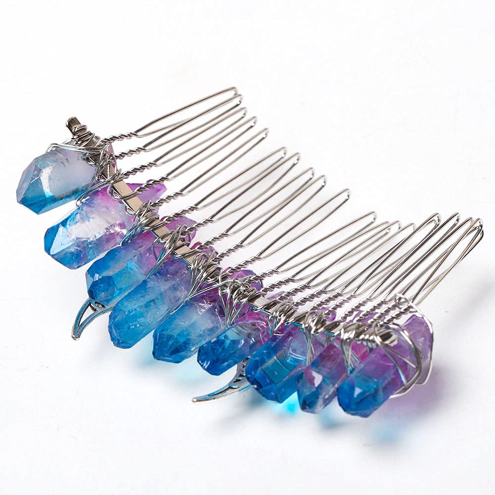 Natural Crystal Hair Comb for Women - Aura Amethyst & Blue Bridal Wedding Headpiece, Hairpin & Hair Clip for Side Styling | Perfect for Weddings, Prom & Special Occasions