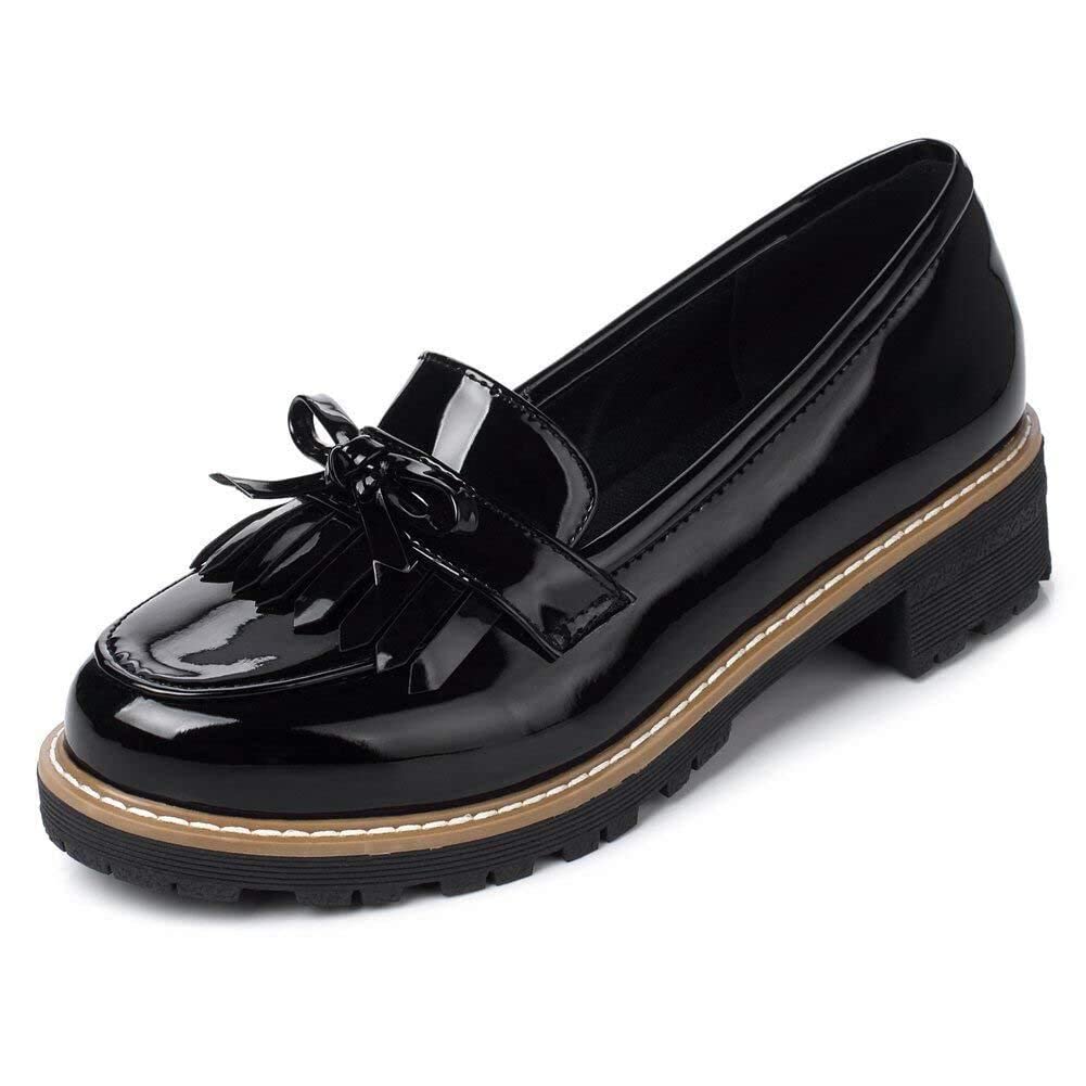 Women's Black Patent Leather Tassel Penny Loafers - Slip On Low Heel Pumps Shoes for Work, Office & Casual Outfits | Comfortable & Stylish Footwear