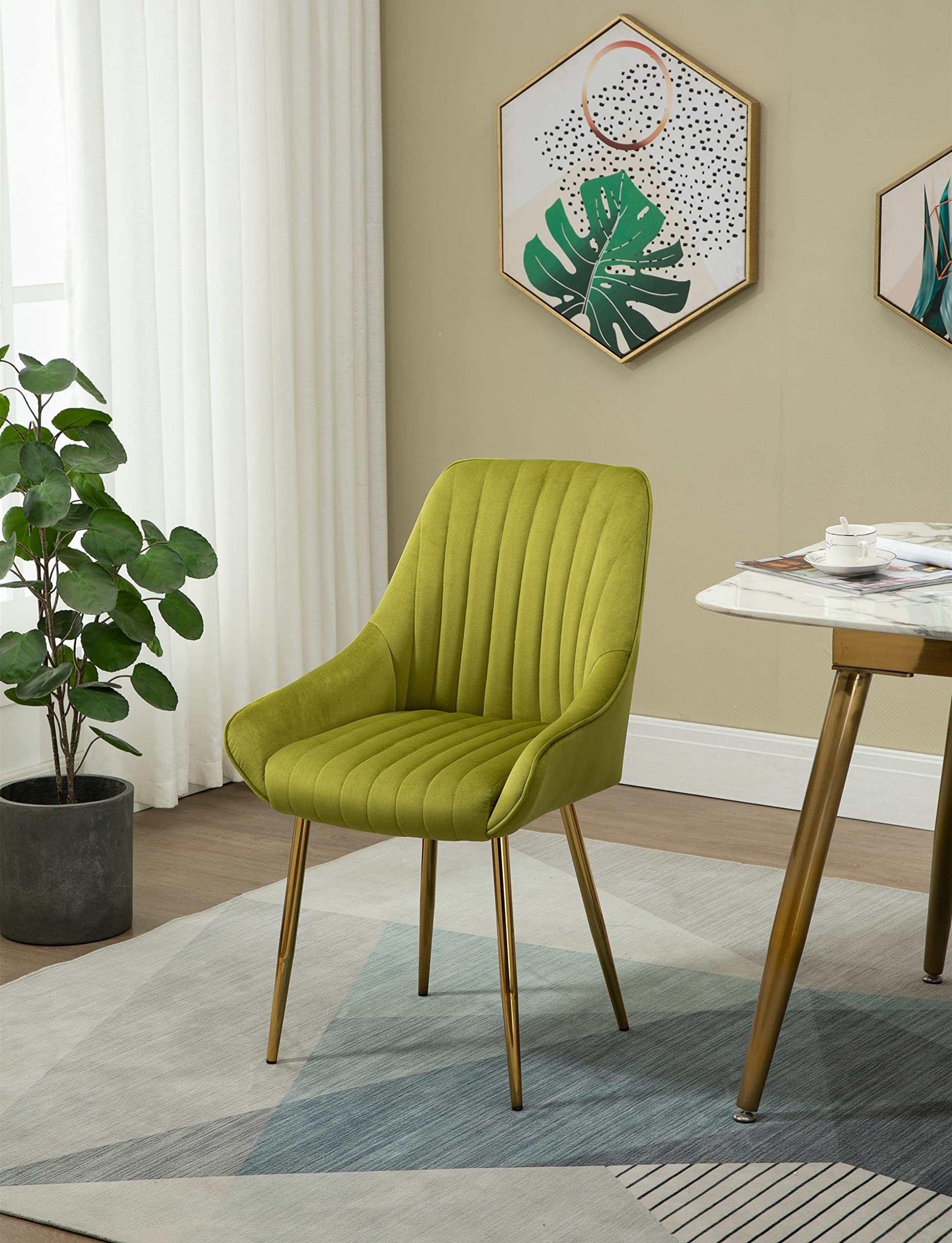 Velvet Upholstered Dining Chair with Gold Legs - Elegant Tufted Living Room & Bedroom Vanity Chair - 250lbs Capacity - Green (Perfect for Home Office, Dining Room & Lounge)