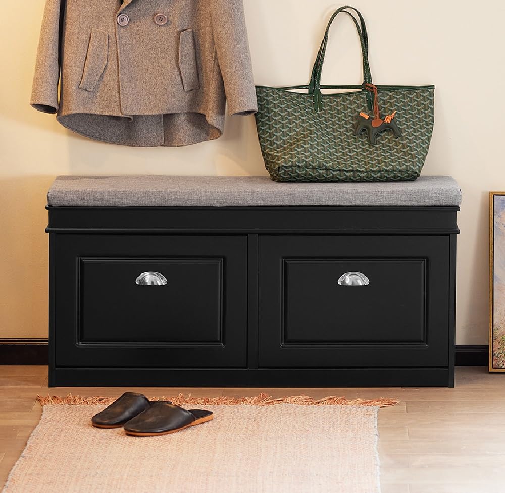 SoBuy Black Storage Shoe Bench with 2 Flip Drawers - Hidden Shoe Cabinet & Free Standing Shoe Rack - Hallway Entryway Storage Bench with Seat Cushion (FSR64-SCH) - Perfect for Small Spaces, Mudrooms & Closet Organization